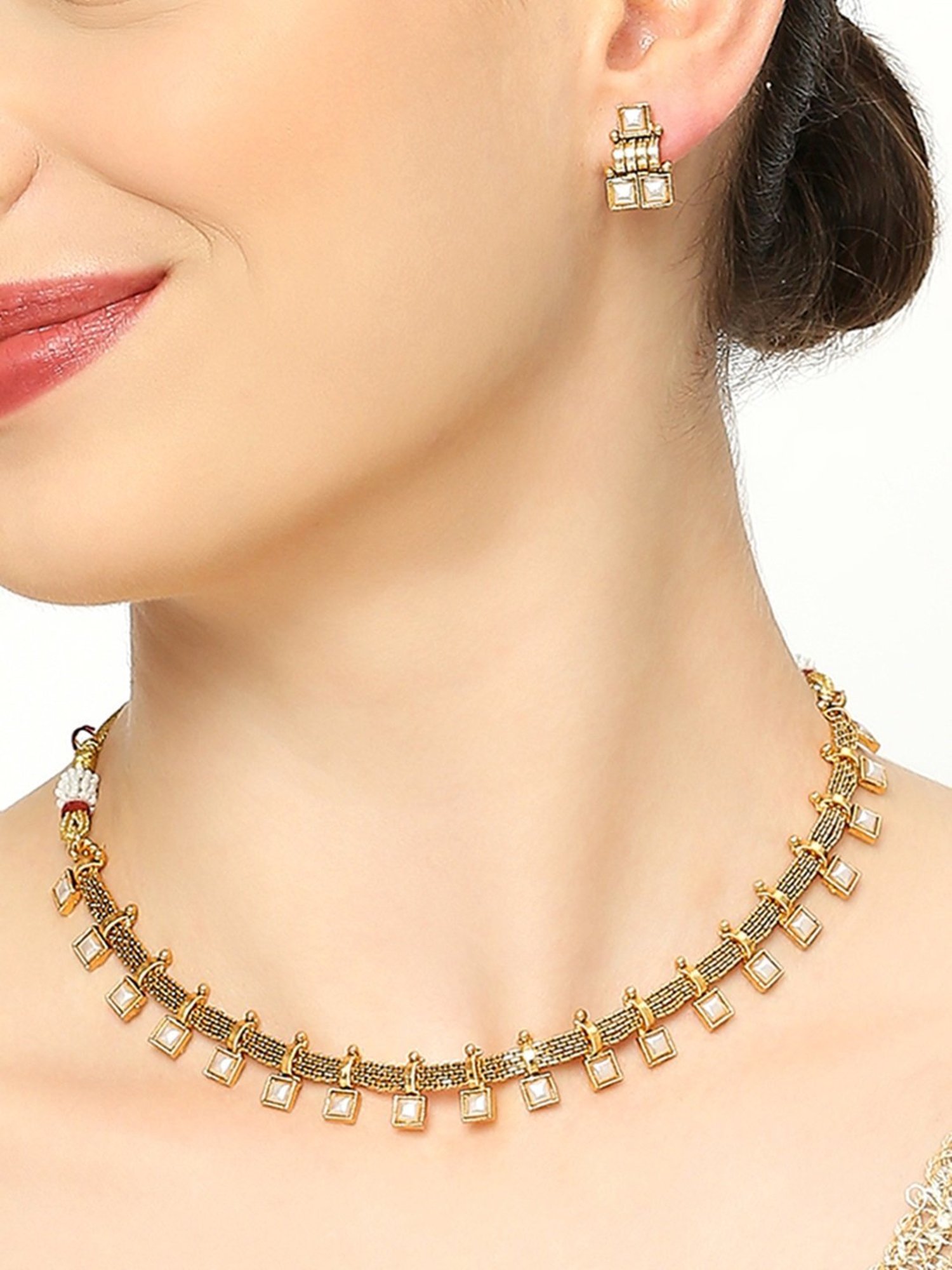 OOMPH Gold Tone Delicate Ethnic Choker Necklace Set with Small Earrings