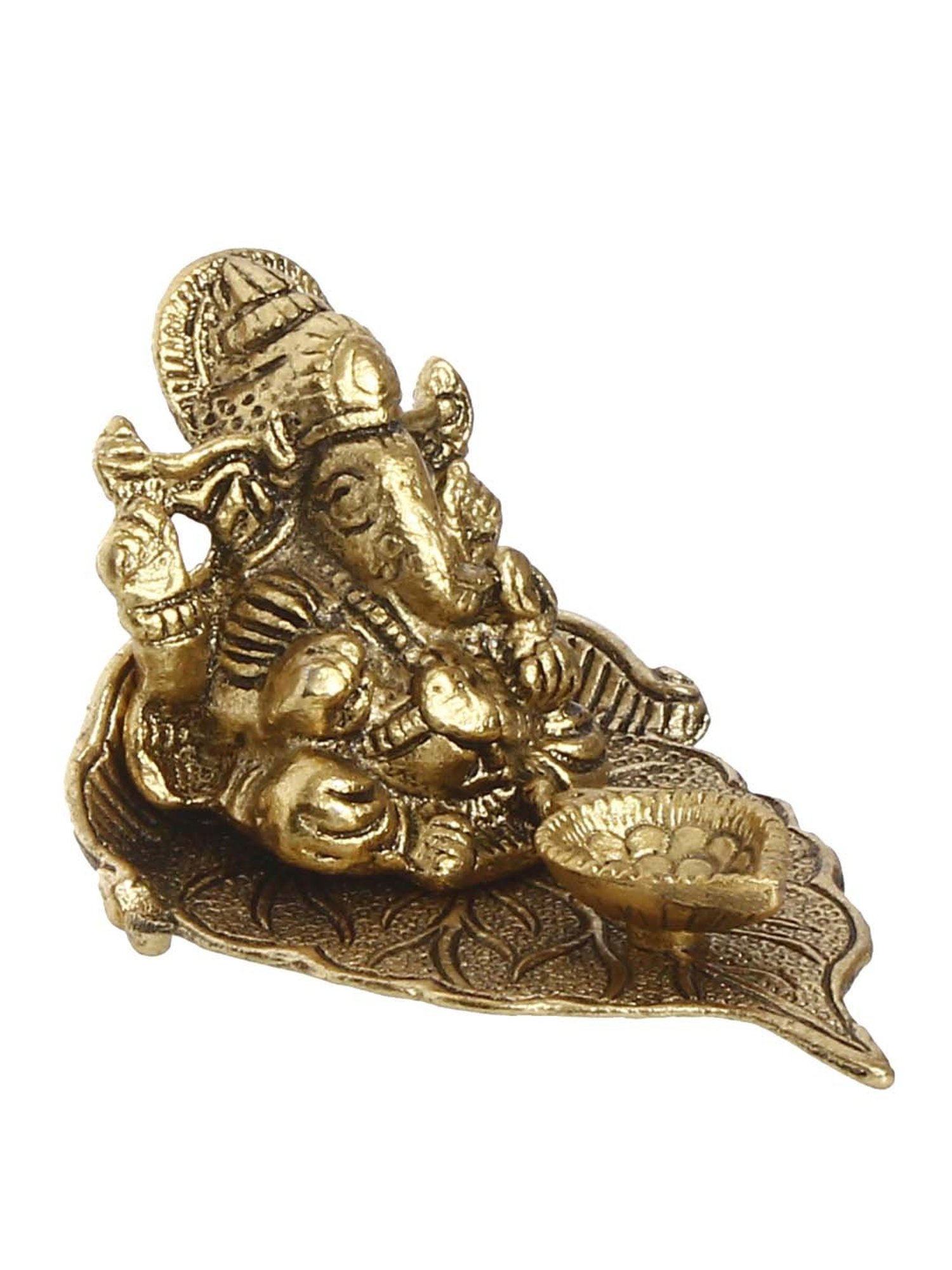 eCraftIndia Golden Lord Ganesha with Diya on Leaf Handcrafted Metal Showpiece