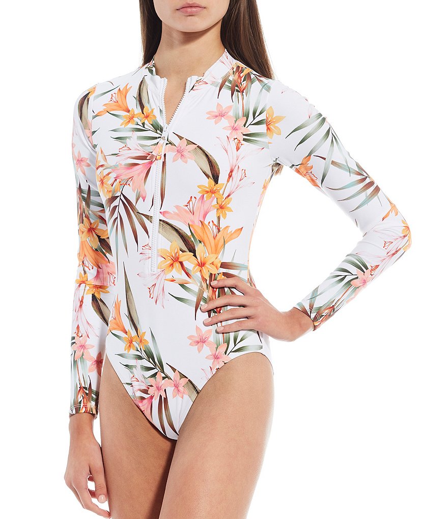 GB Tropical Eden Zip Front Long Sleeve Rashguard One-Piece Swimsuit