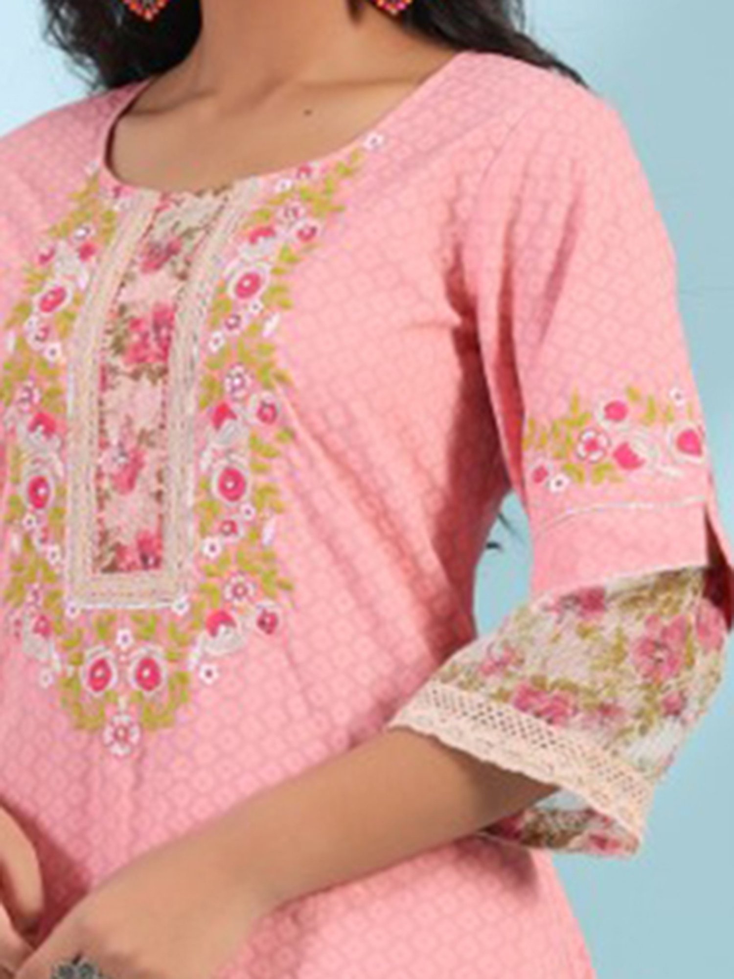Juniper Pink Floral Printed & Laced Pure Cotton Kurta Palazzo Set With Printed Kota Doria Dupatta