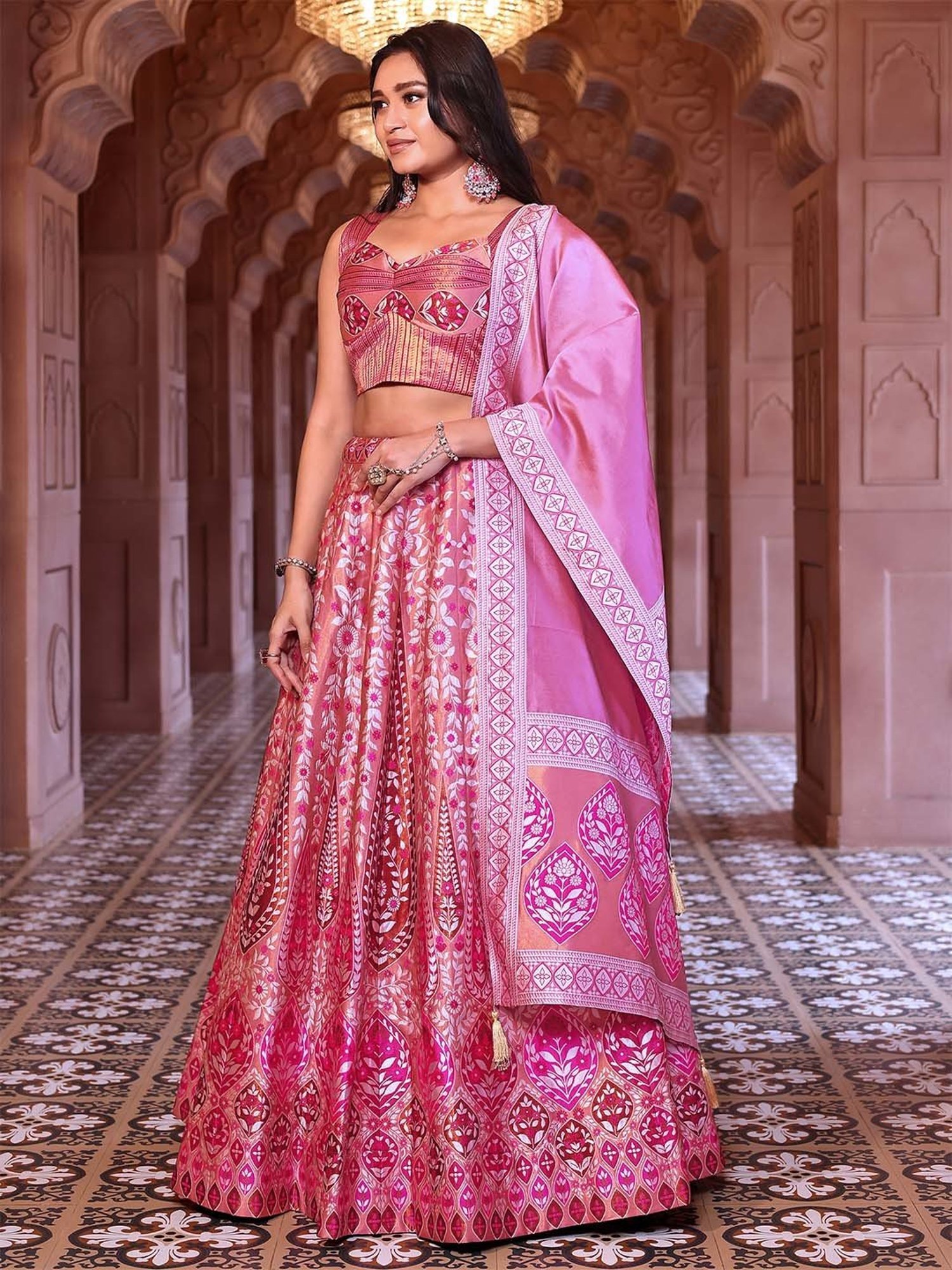 PURVAJA Pink Woven Lehenga Choli Set With Dupatta