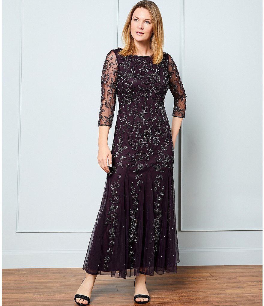 Pisarro Nights 3/4 Sleeve Long Beaded Gown with Godets