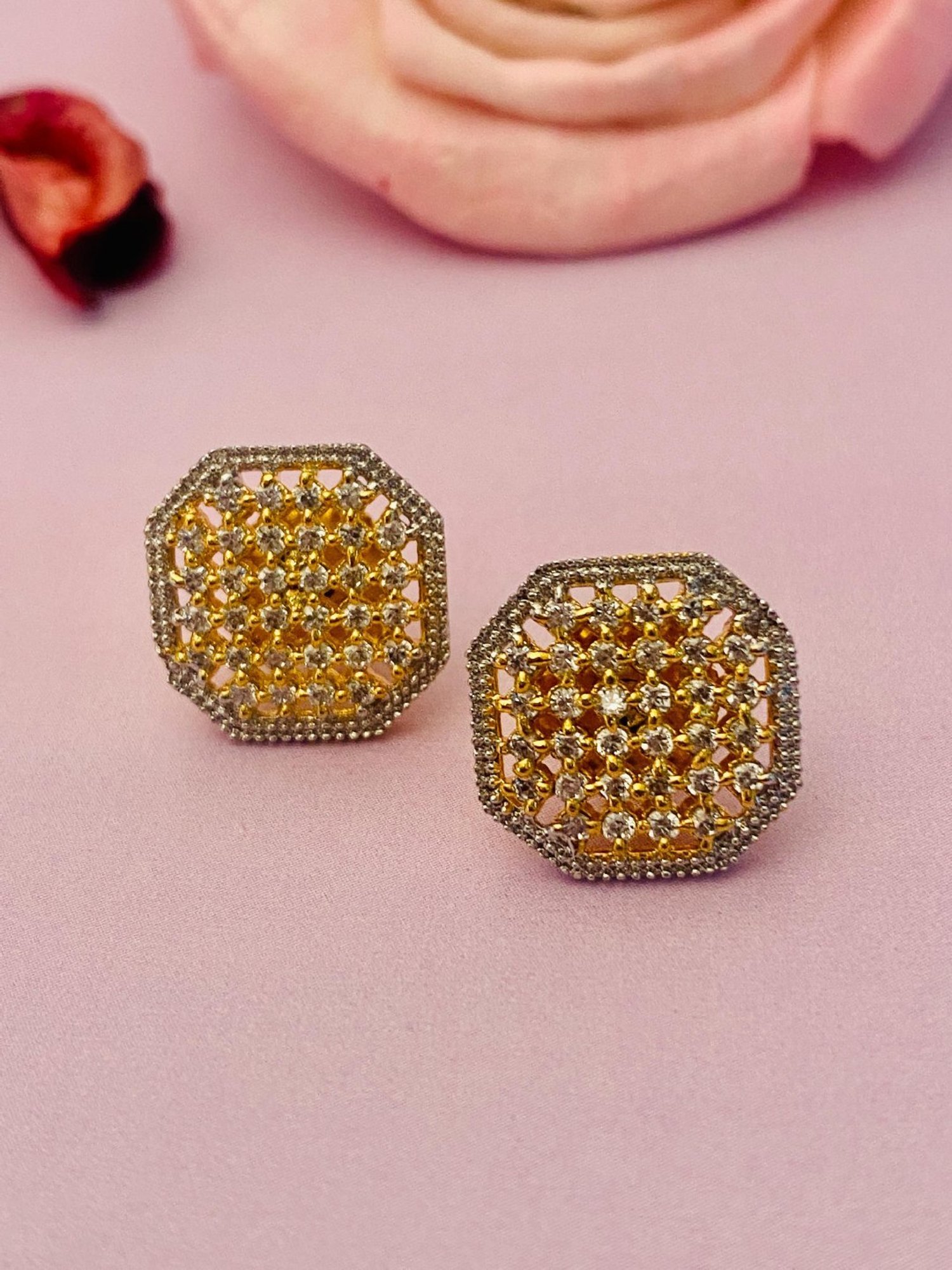 Abdesigns Gold-PlatedHexagon Diamond Cluster Stud Earrings