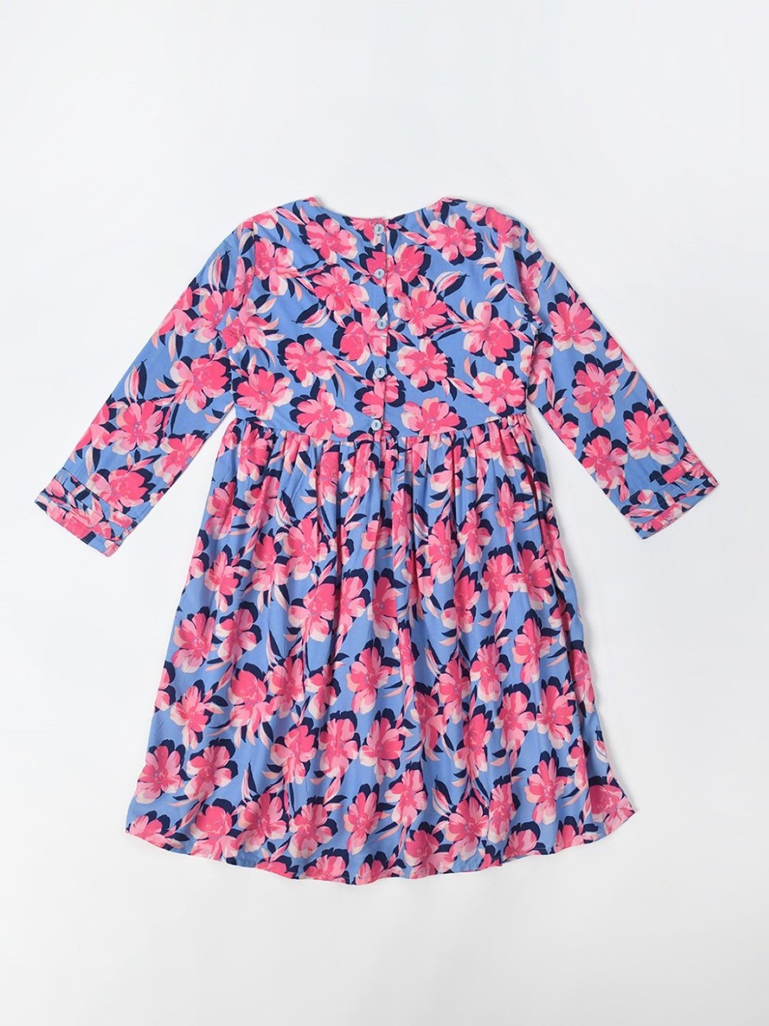 Bella Moda Kids Blue & Pink Floral Print Full Sleeves Fit & Flare Dress