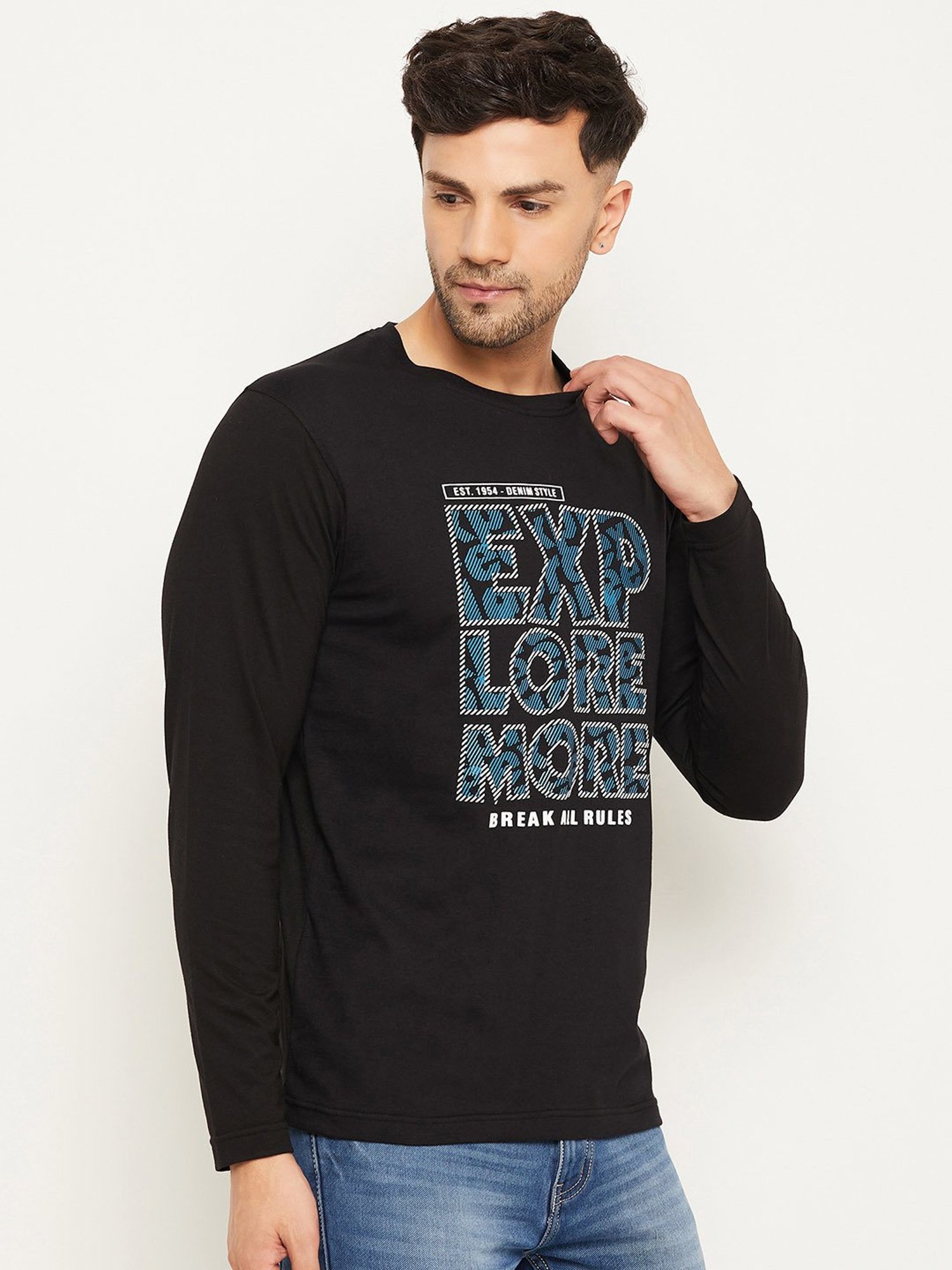 Club York Black Regular Fit Printed Crew T-Shirt