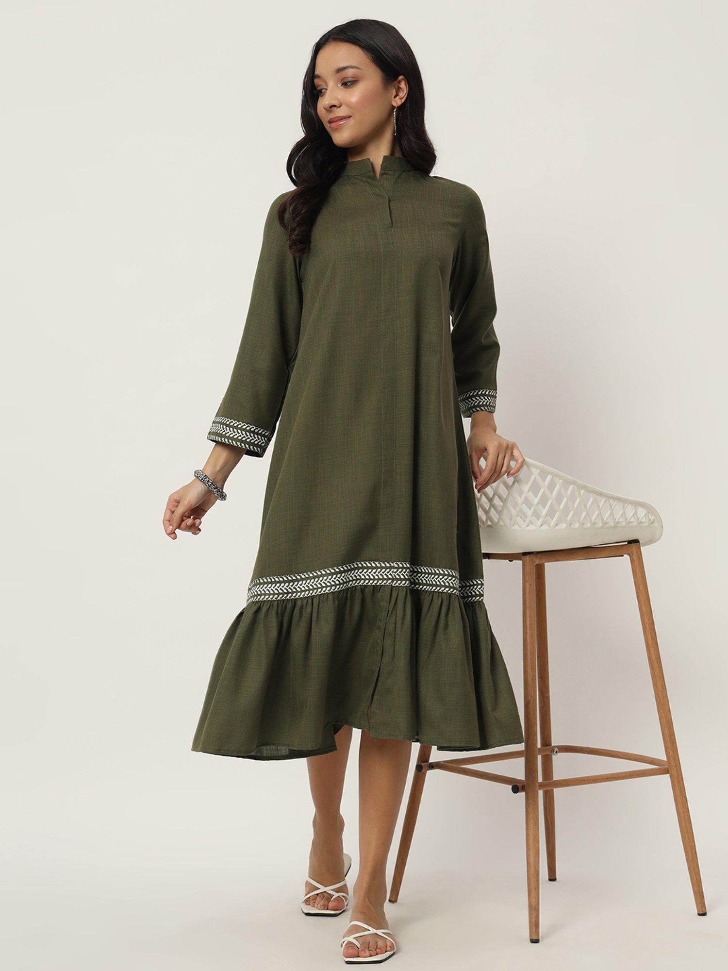 9rasa Olive Cotton Printed Ethnic Dress