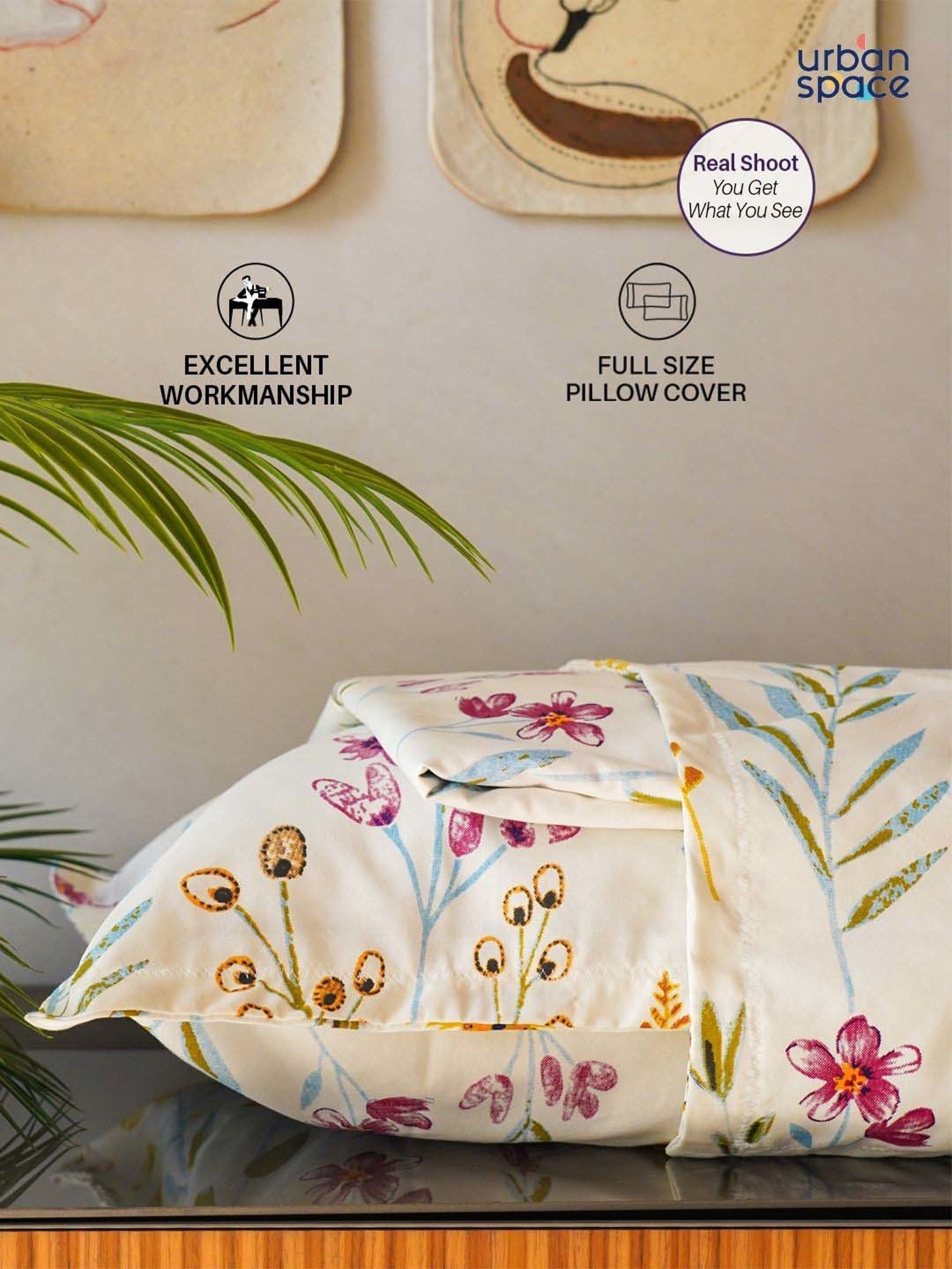 Urban Space Serene Yellow Cotton 200 TC King Fitted Bedsheet With Pillow Covers