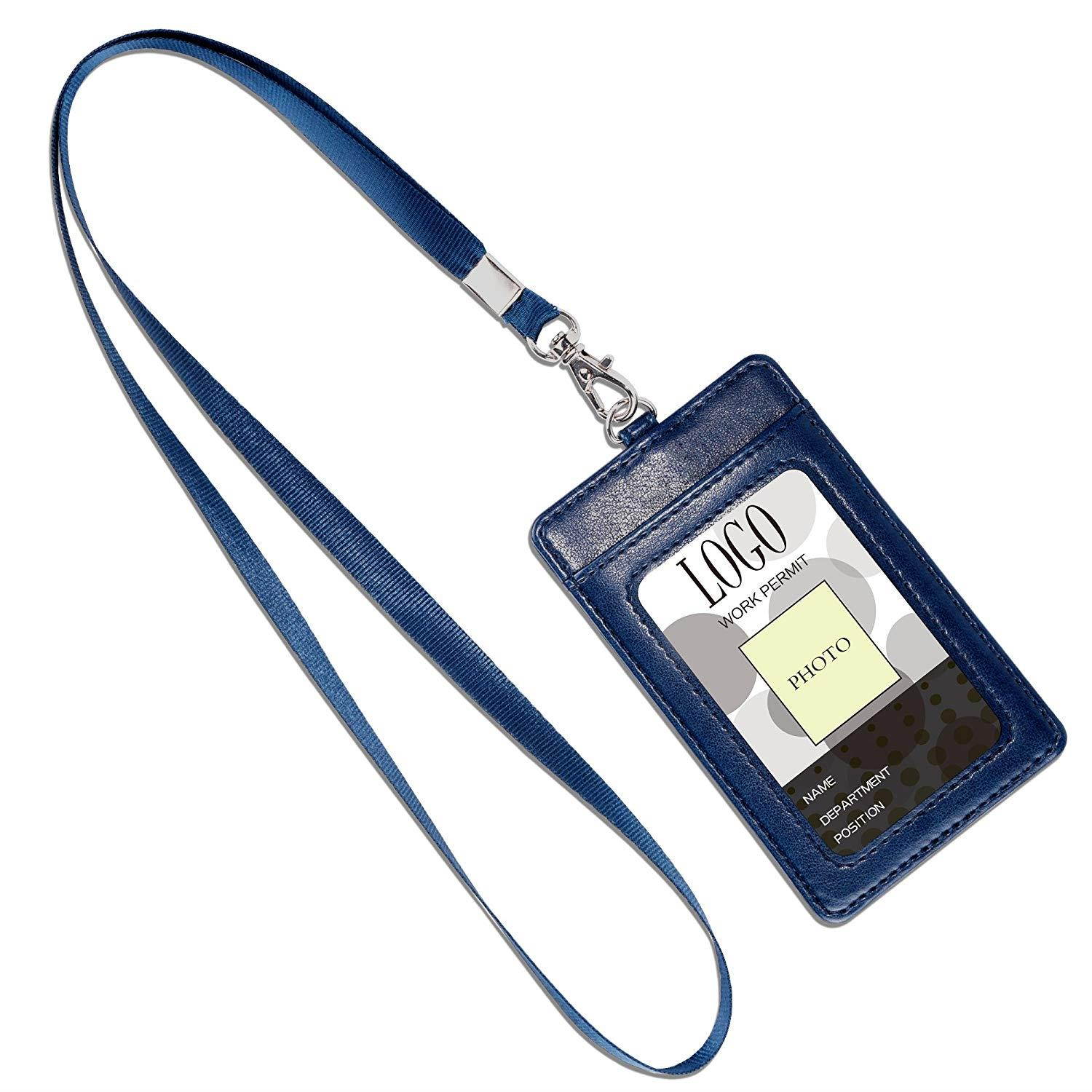 Badge Holder, Arae PU Leather Vertical ID Badge Card Holder with Detachable Lanyard/Strap - Blue