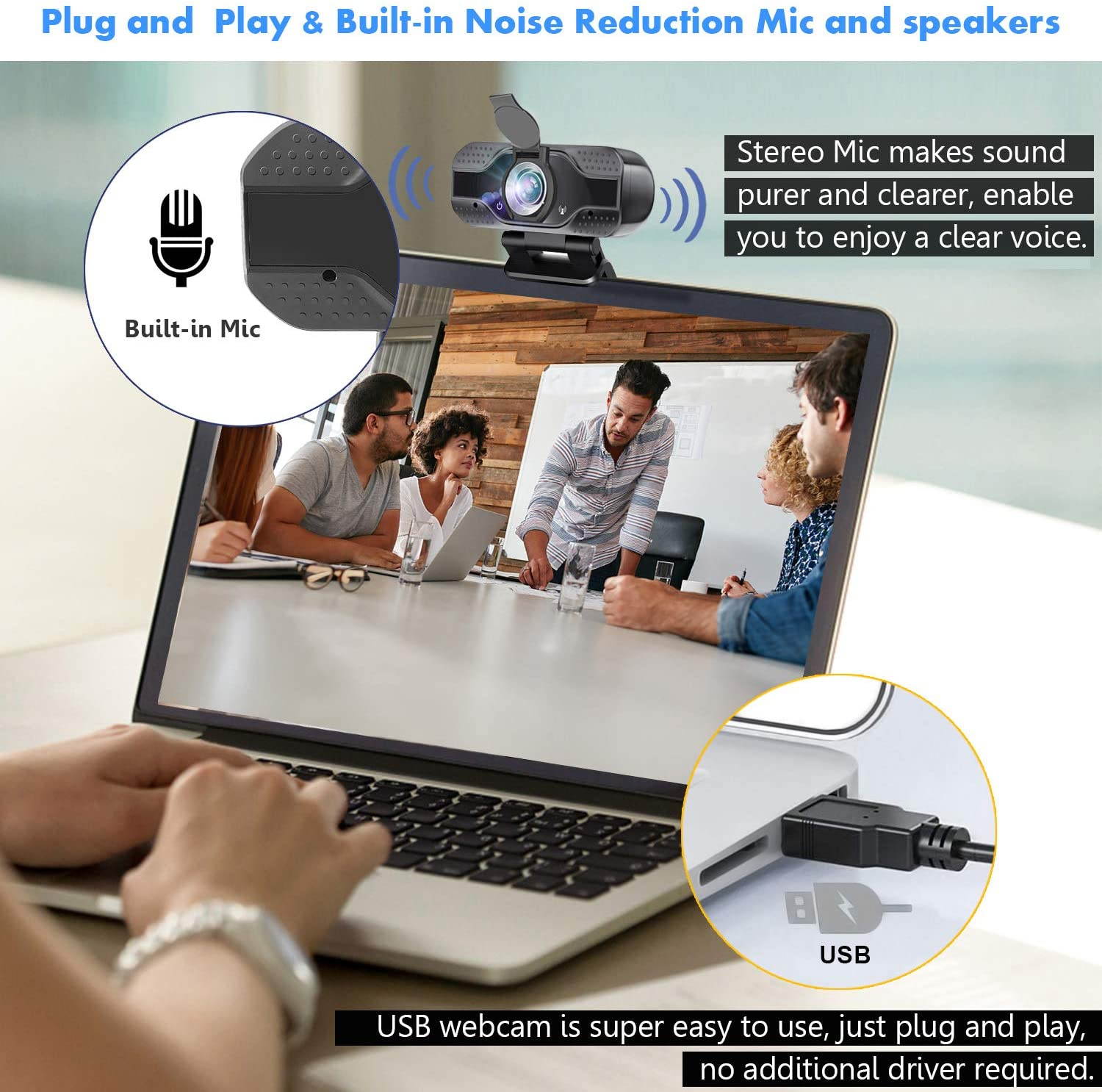 Webcam with Microphone, 1080P HD USB Web Camera, Plug and Play for PC, Laptop, Computer, Desktop, for Live Streaming, Video Call, Conference, Online Classes - Auto Light Correction, Manual Focus