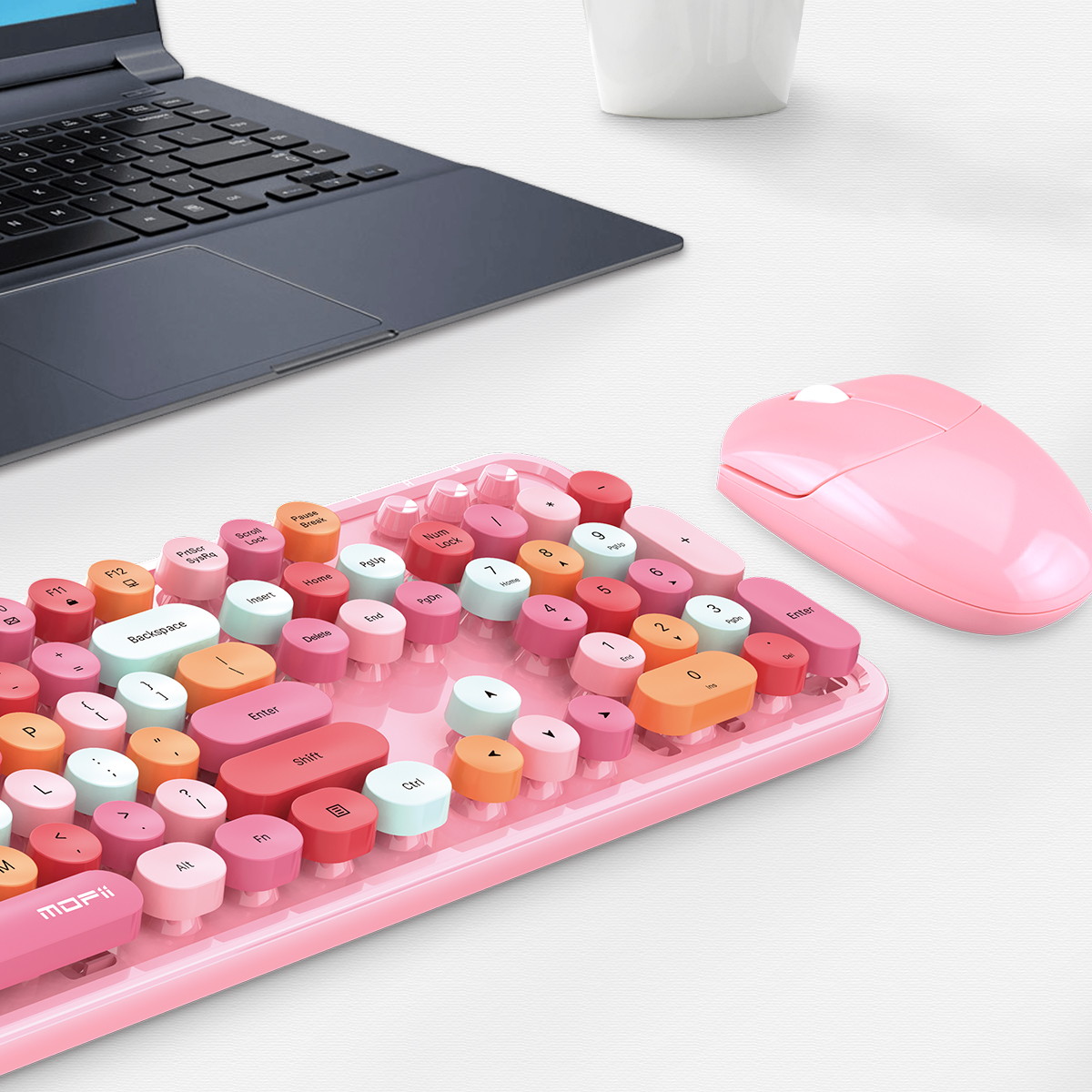 MOFII Wireless Keyboard and Mouse Combo, 2.4G Cute Round Girl Lipstick Retro Round Cap Keyboard Mute Keyboard Mouse Set for Laptop, Computer, Mac (Mixed Color)