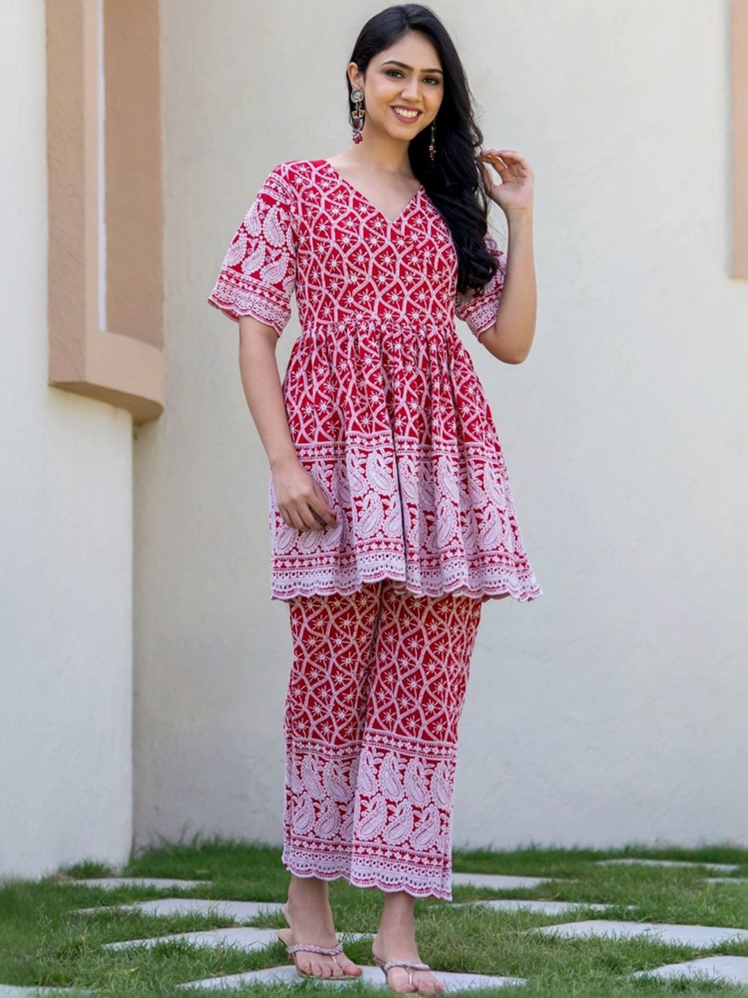 HOUSE OF JAMOTI Red Cotton Embroidered Tunic Pant Set