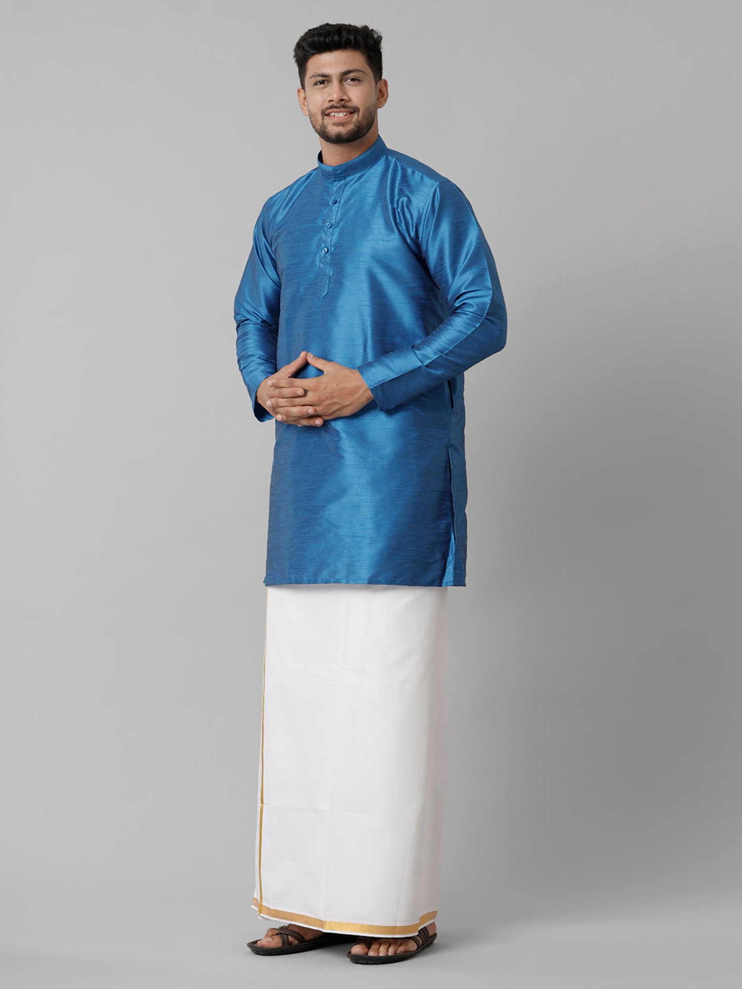 Ramraj Blue 
Cotton Blend
 Regular Fit Kurta Set with Bottom