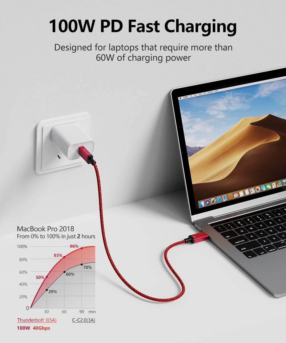 Thunderbolt 3 Cable (USB-C to USB-C)sweguard 40Gbps Data Transfer/ 100W Charging/ 5K@60Hz Compatible for USB 3.1 Gen 1 and 2 MacBook Dell Alienware 17 ChromebookHub and Type-C Devices 3.3ft red