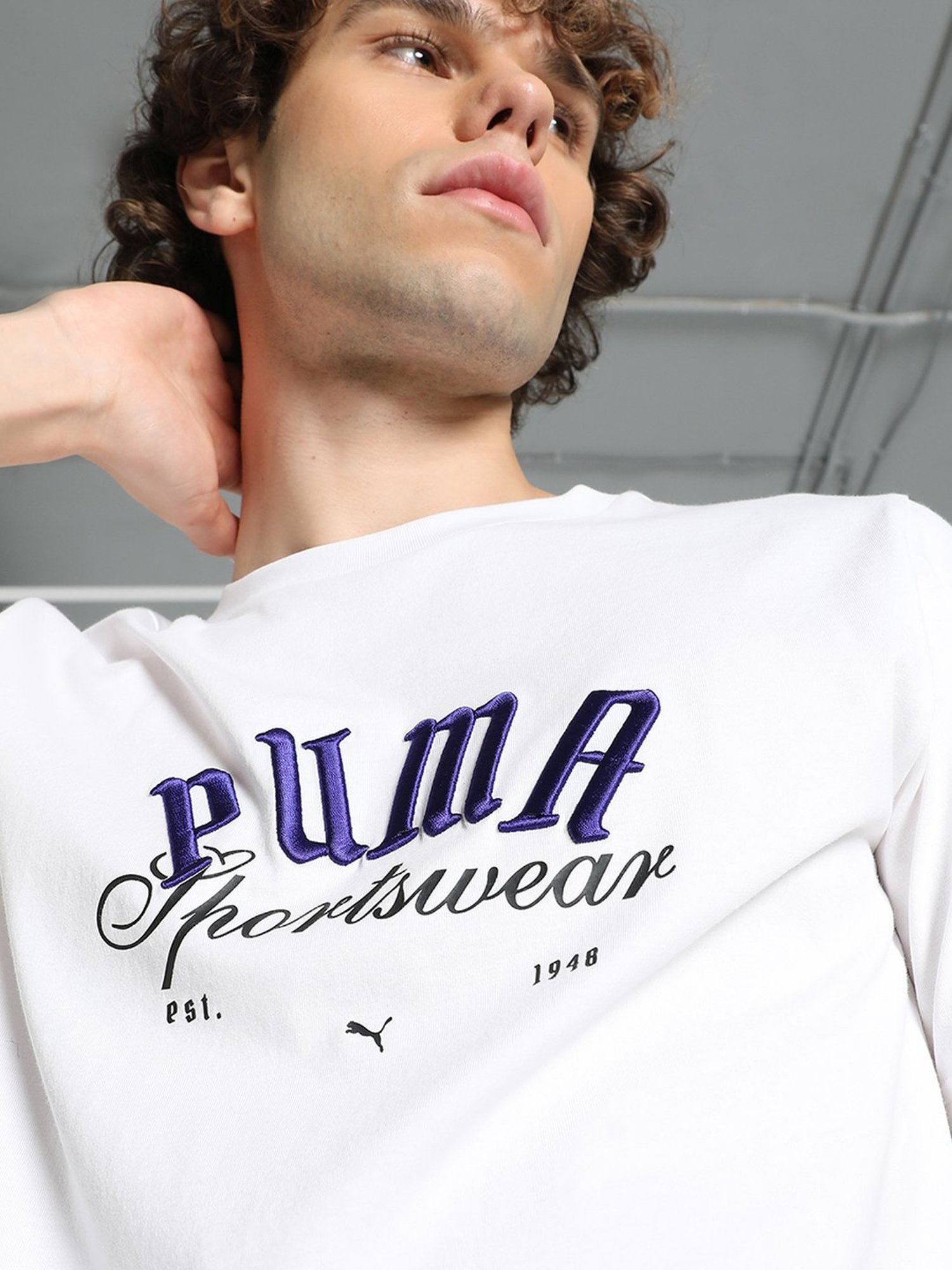 Puma White Cotton Regular Fit Logo Printed T-Shirt