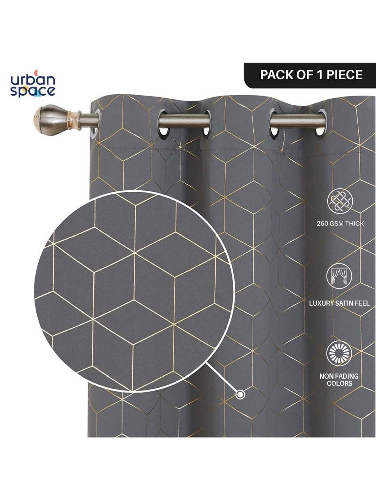 Urban Space Grey Polyester Window Curtain With Tieback & Eyelet