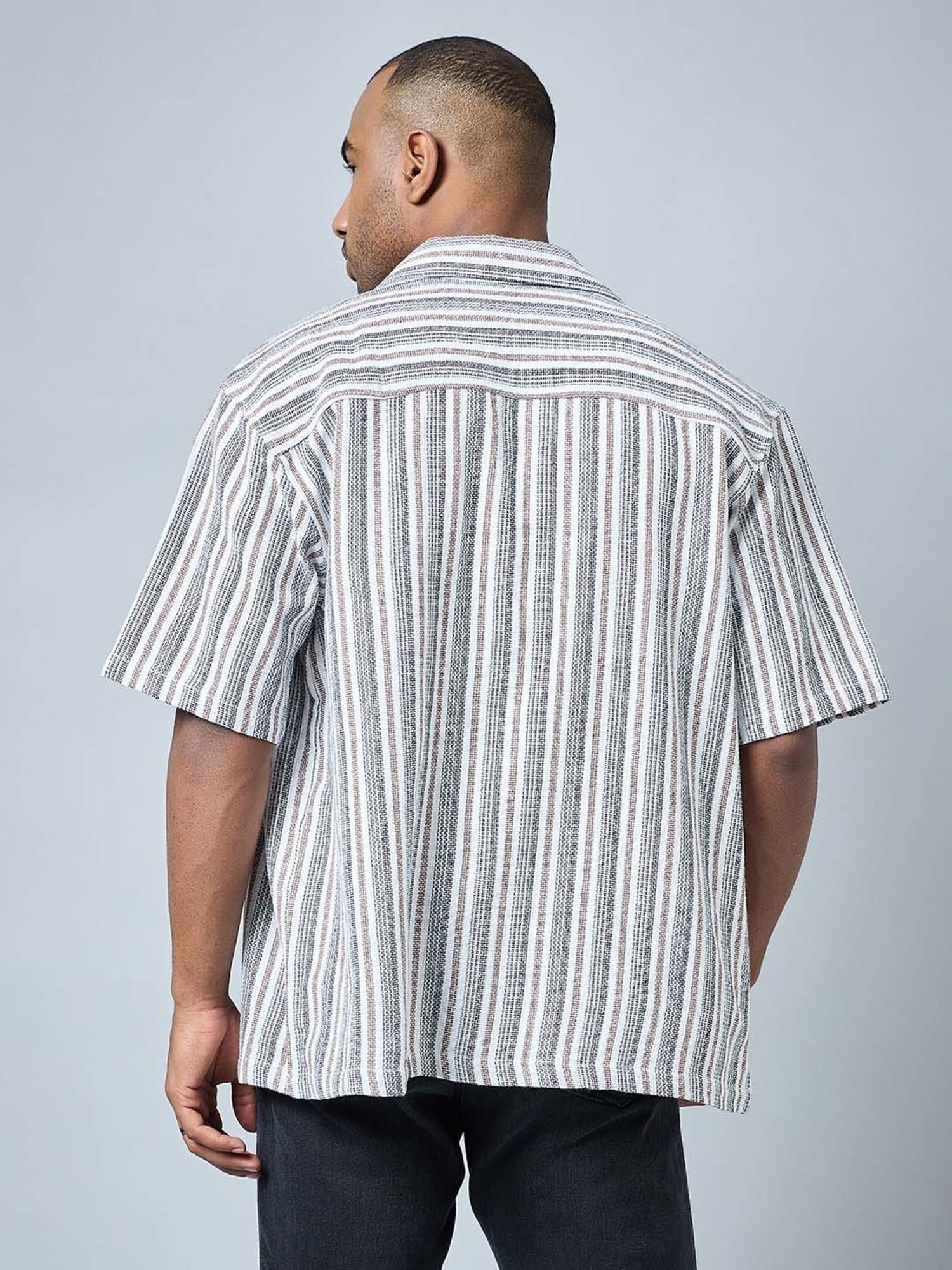 CHIMPAAANZEE White & Brown Loose Fit Striped Oversized Shirt