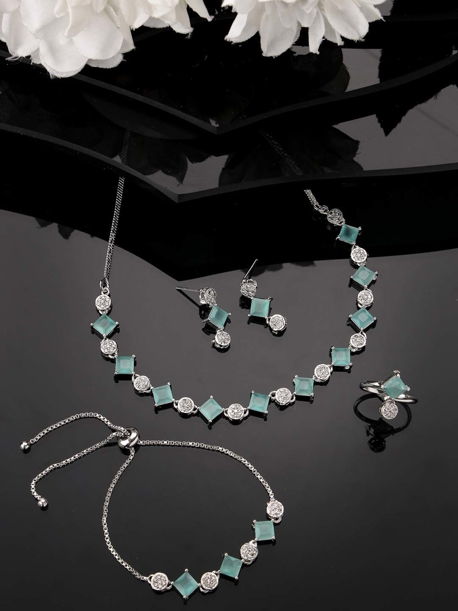 NVR Silver Plated & Blue CZ Stone Handcrafted Jewellery Set for Women