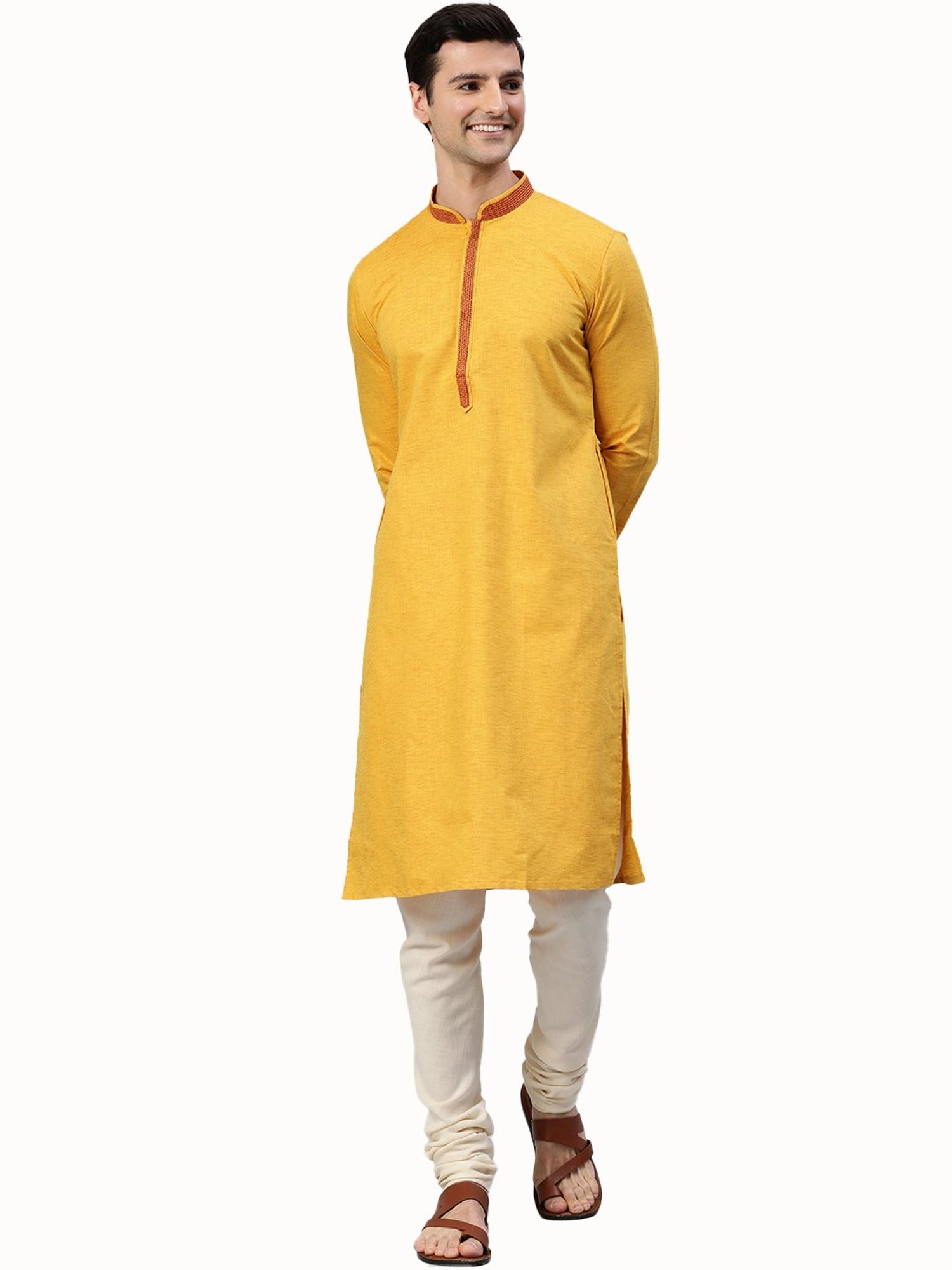 Manthan Mustard Mandarin Collar Kurta