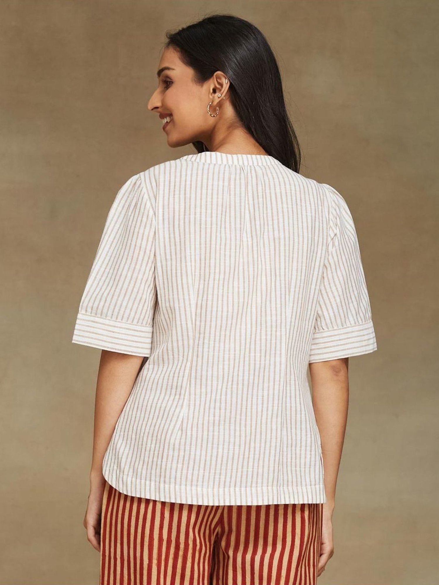 Fabindia White Cotton Striped Top