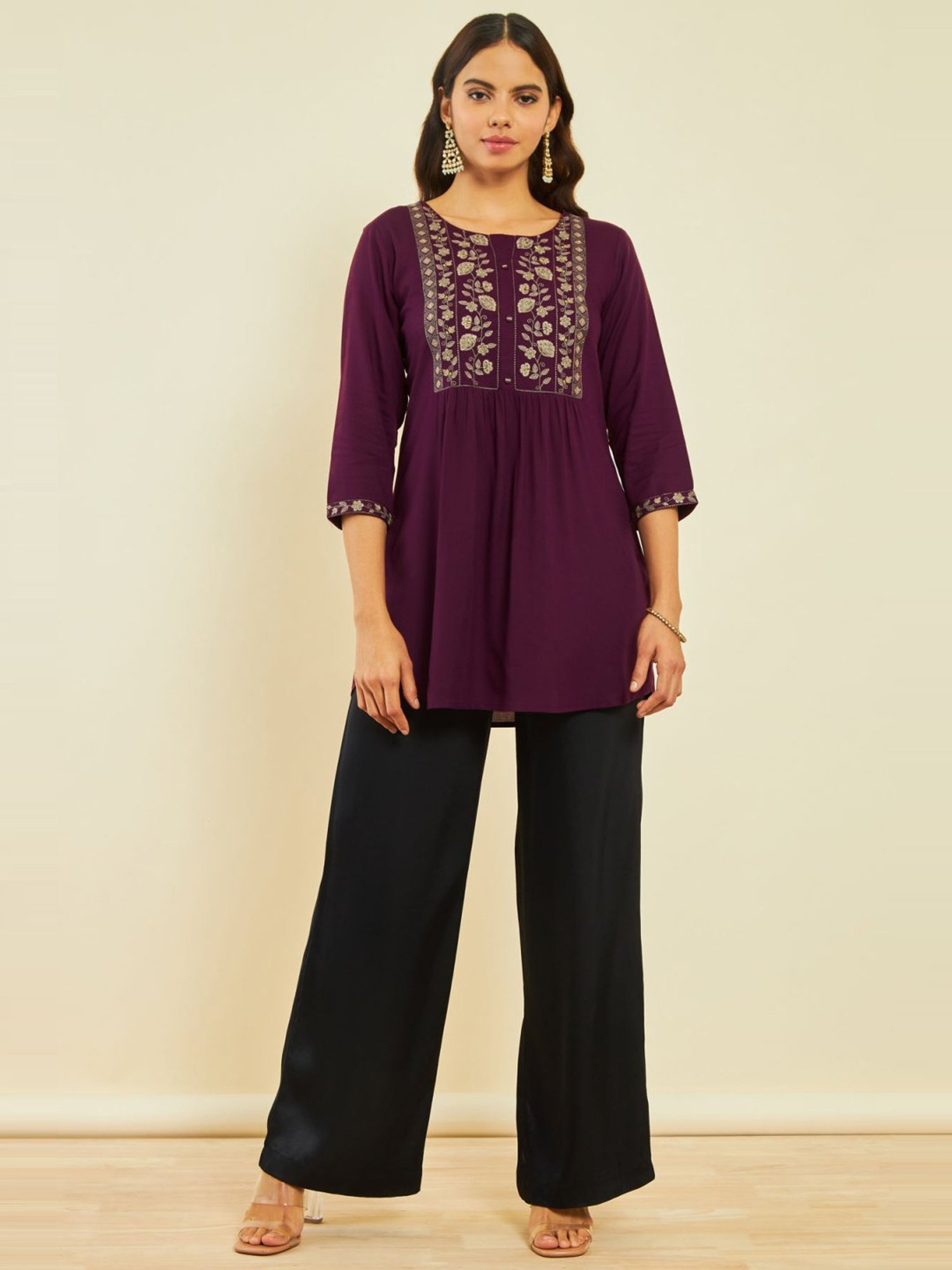 Soch Wine Rayon Floral Embroidered Round-Neck Tunic with Vented Hemline