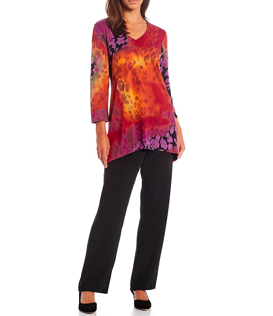 Caroline Rose Kaleidoscope Print V-Neck 3/4 Sleeve Knit Tunic