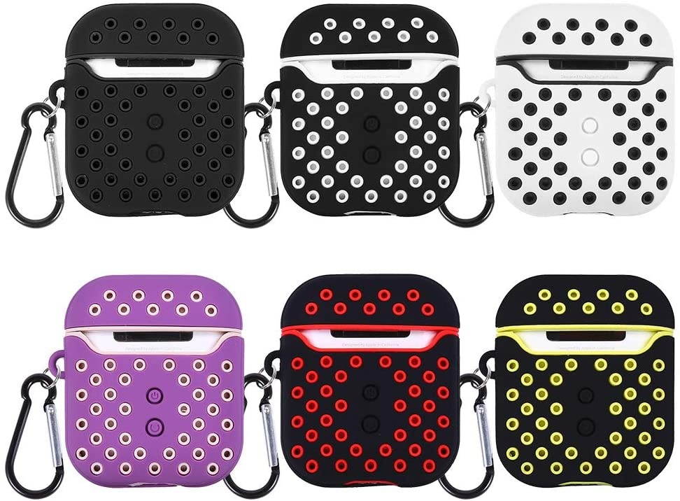 Redshield Compatible for Apple Airpods Sporty Style 2 Tone Soft Silicone CASE with Breathable Holes and Carabiner Black & Black