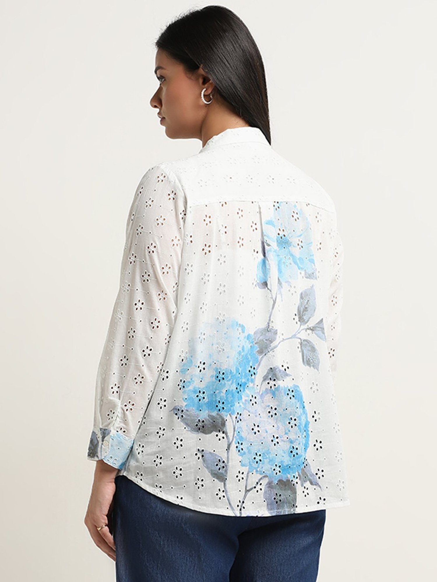 Diza by Westside Blue Floral Schiffli Design Straight Cotton Tunic