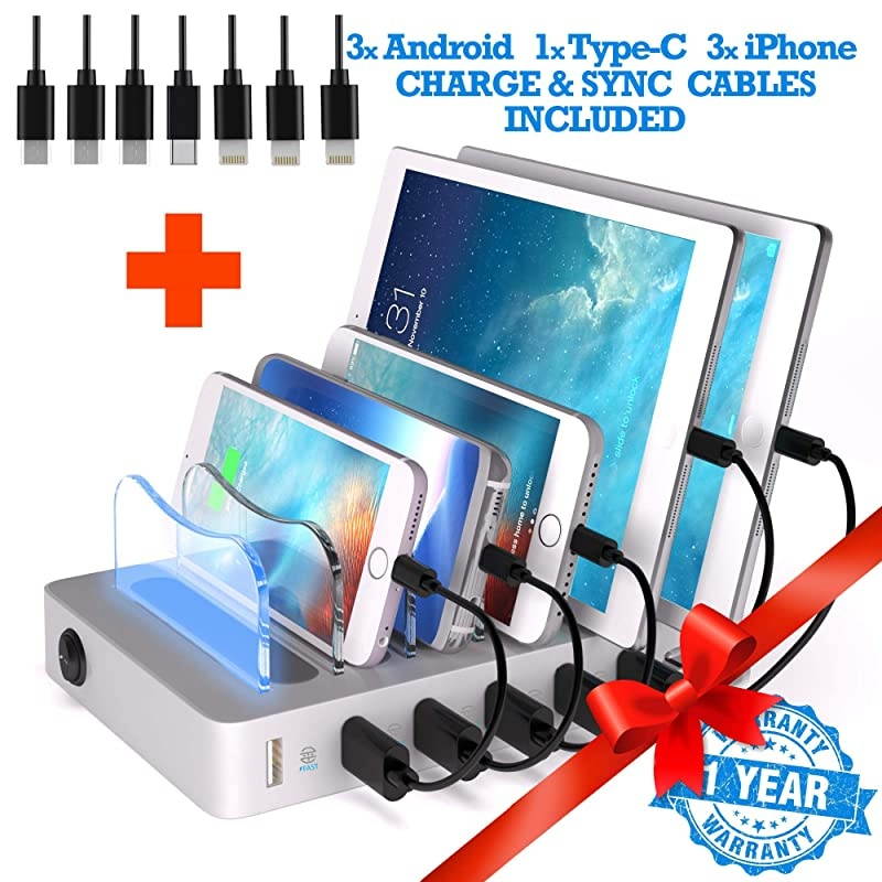 6 USB Charging Station for Multiple Devices Fast Multiple USB Charger Multi Port Hub Charging Organizer Dock Smart Cell Phone Docking Station iPhone Compatible Charger LED NoBuzz