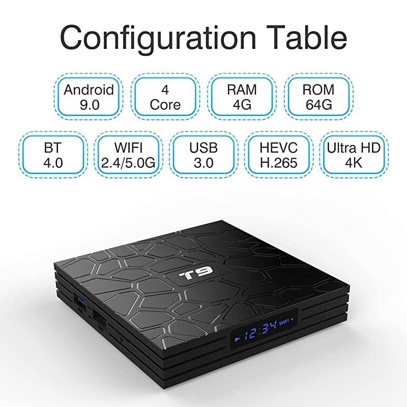 9.0 TV Box, T9 TV Box 4GB DDR3 RAM 64GB ROM RK3318 Quad-Core Cortex-A53 64 Bits Bluetooth 4.0 Support 2.4/5.0GHz Dual WiFi 4K 3D Ultra HD H.265