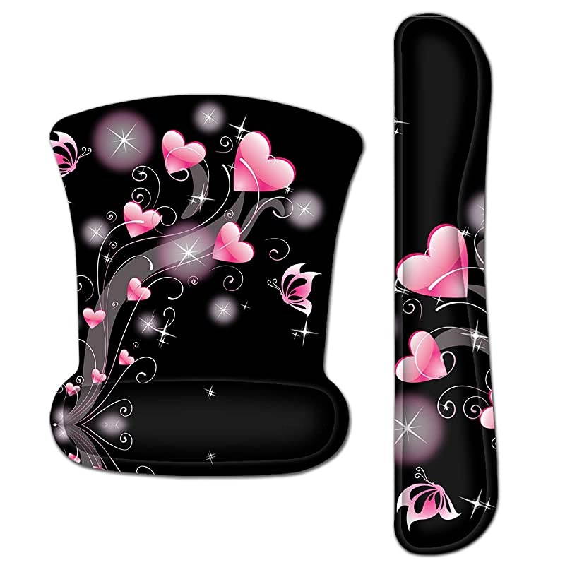 Keyboard Wrist Rest Pad Ergonomic Mouse Pad Set  Cute Mouse Pad for Computer Laptop Non Slip Mousepad Keyboard Wrist Support with Raised Memory Foam for Easy Typing Pain Relief Pink Hearts