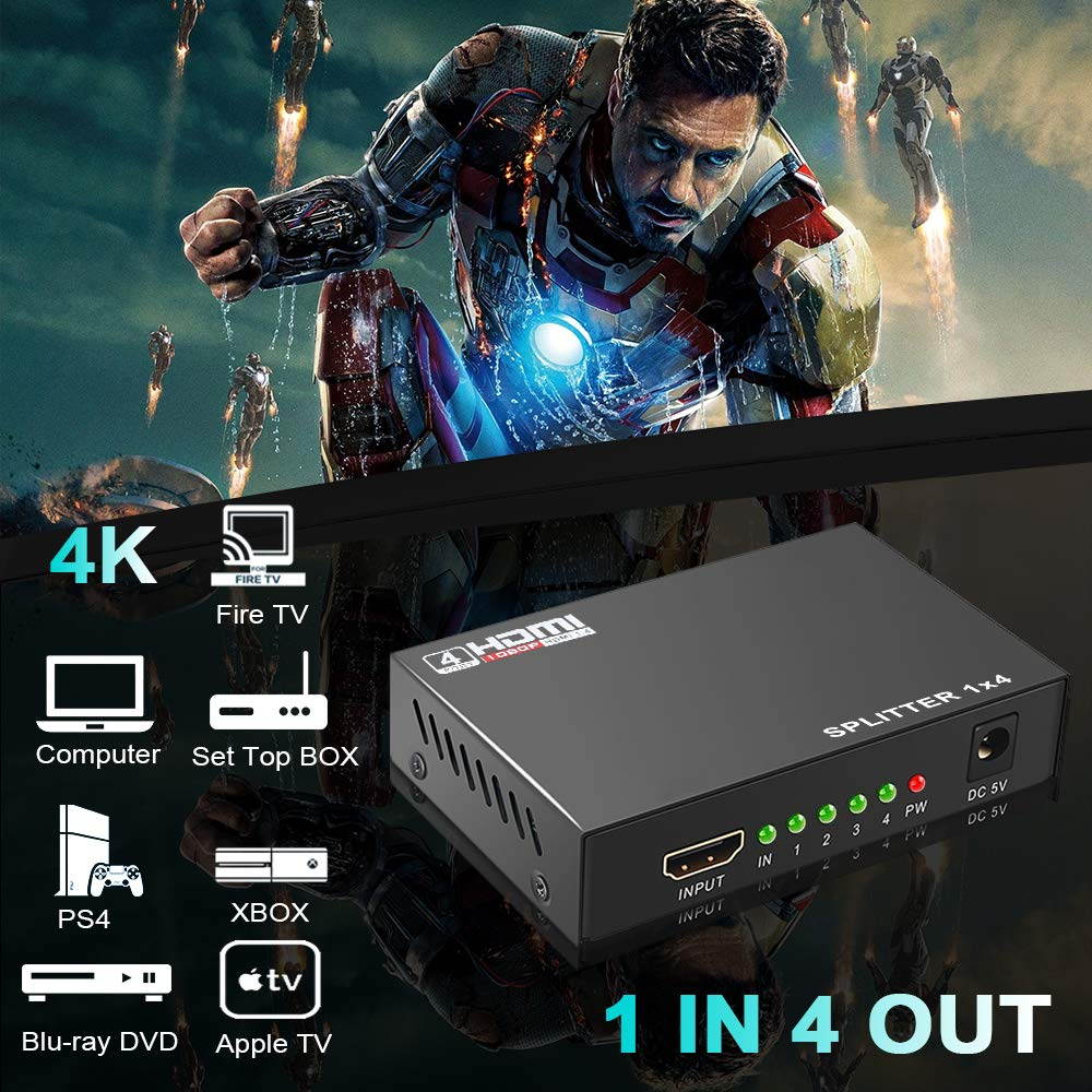 Wanmingtek 4K HDMI Splitter 1 in 4 Out 4K@30HZ HD Powered Splitter Box Supports 4KX2k 3D 1080P 1X4 Port for PC PS3/PS4 Xbox Blue-Ray DVD STB 4K HDTV