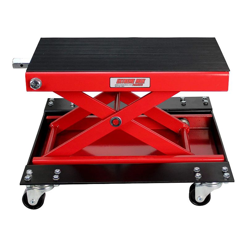 Extreme Max 5001.5059 Wide 1100 Pound Motorcycle Scissor Platform Hoist Stand Crank Lift Jack for Dirt Bikes, ATVs, Scooter Repairs