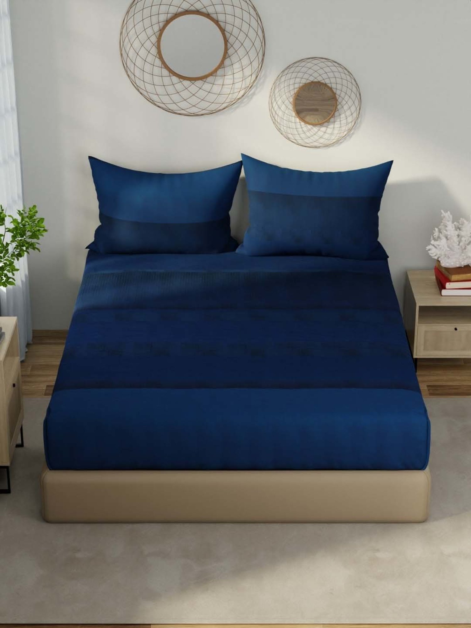 NAUTICA Hampton Blue Satin Cotton 210 TC King Fitted Bedsheet with 2 Pillow Cover