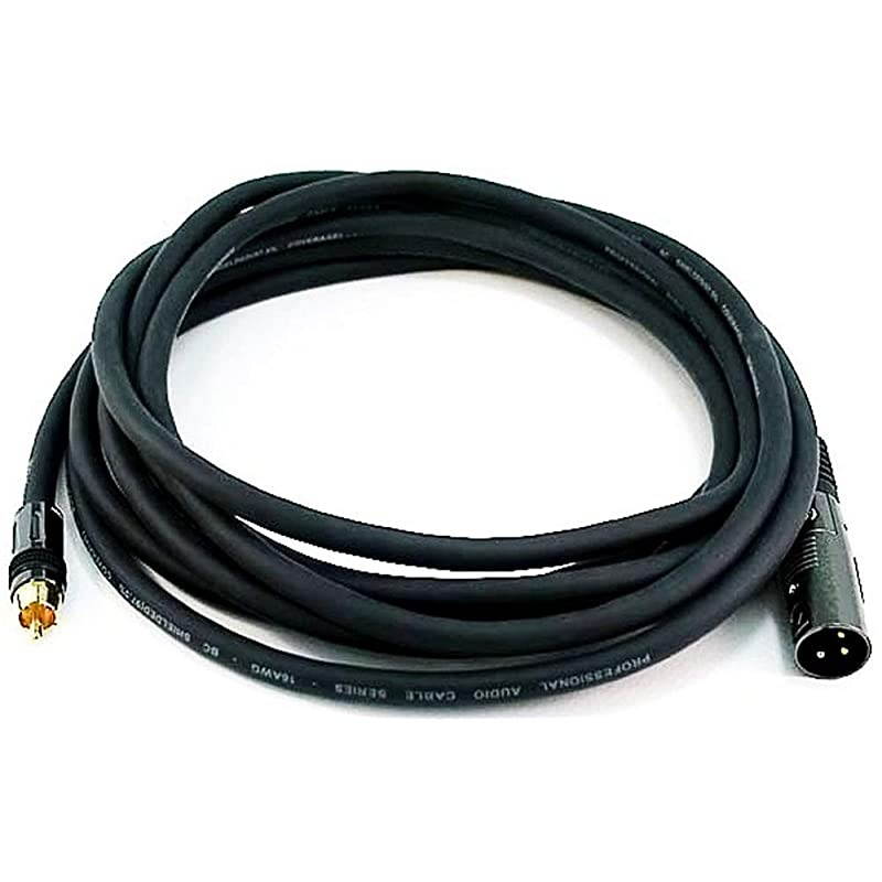 104779 XLR Male to RCA Male Cable 15 Feet Black With E21Gold Plated Connectors | 16AWG Shielded Twisted Pair OxygenFree Copper Braid Conductors Premier Series