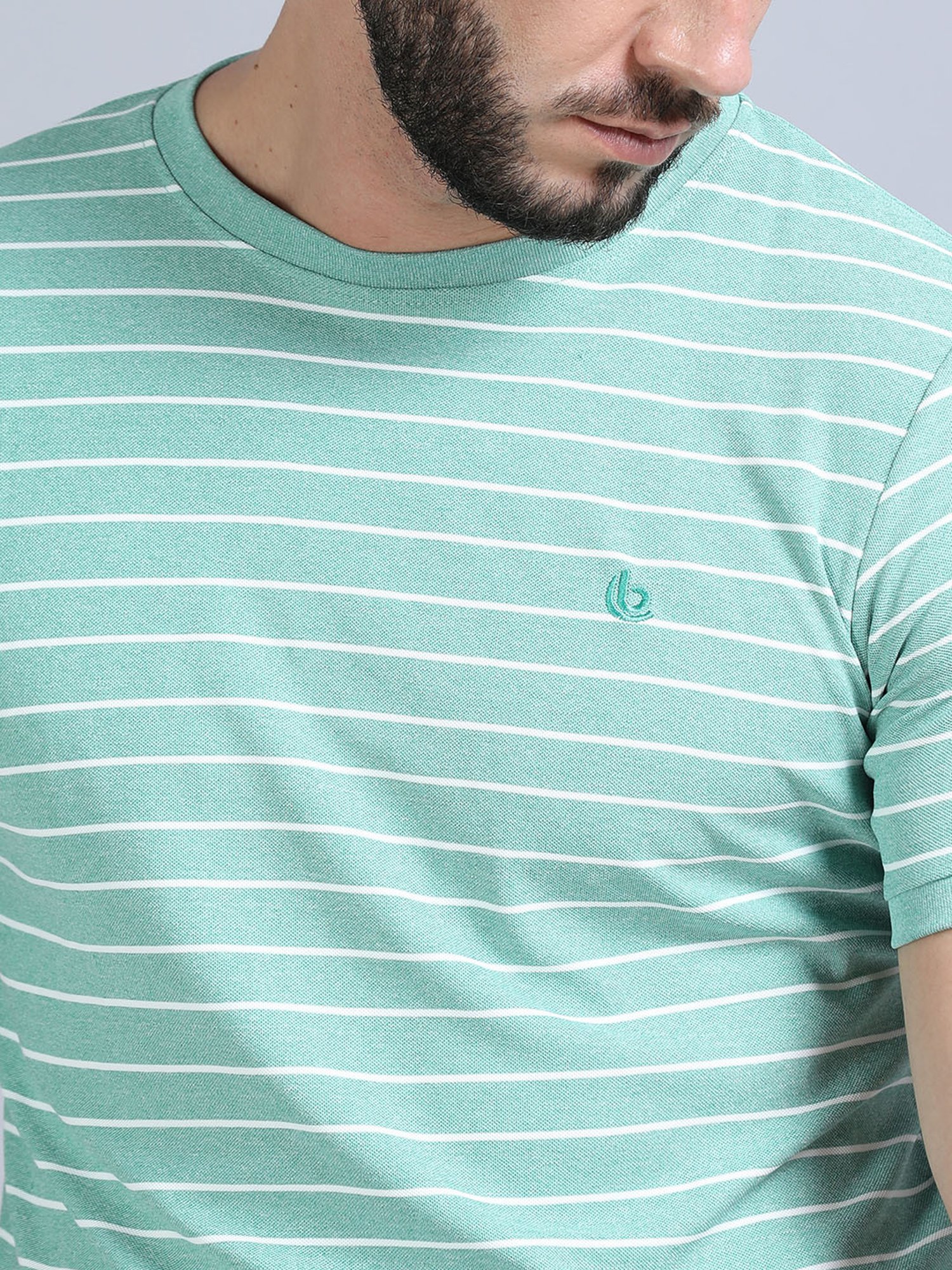 Bushirt Mint Green Regular Fit Striped Crew T-Shirt