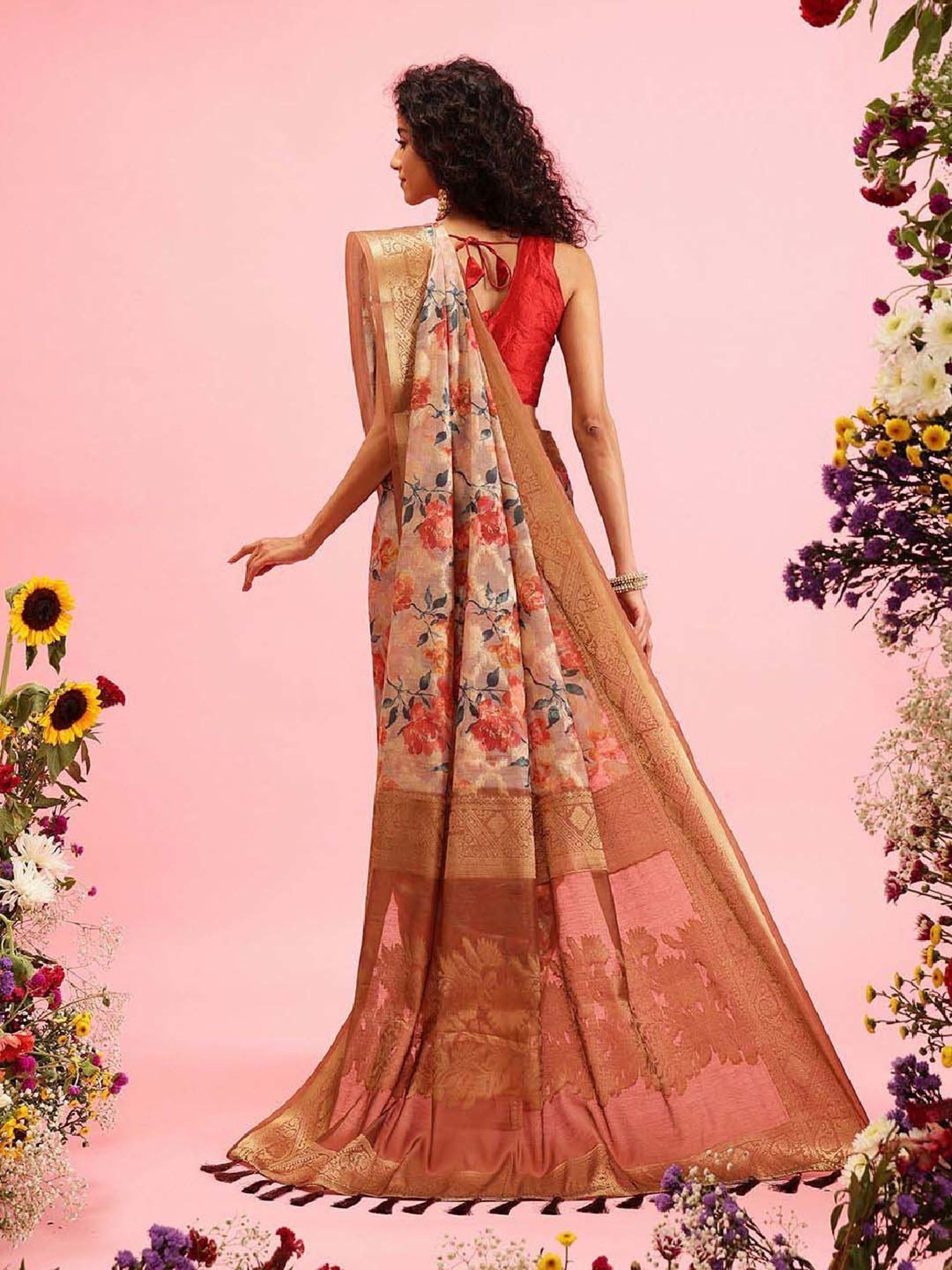 Silk Land Beige Cotton Printed Saree With Unstitched Blouse