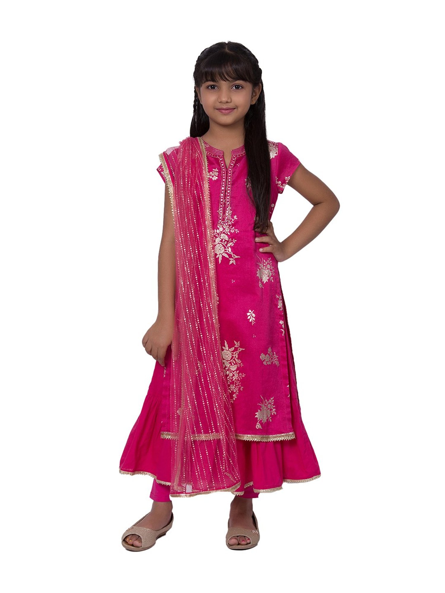 BIBA Girls Pink Printed Anarkali, Inner, Churidar With Dupatta