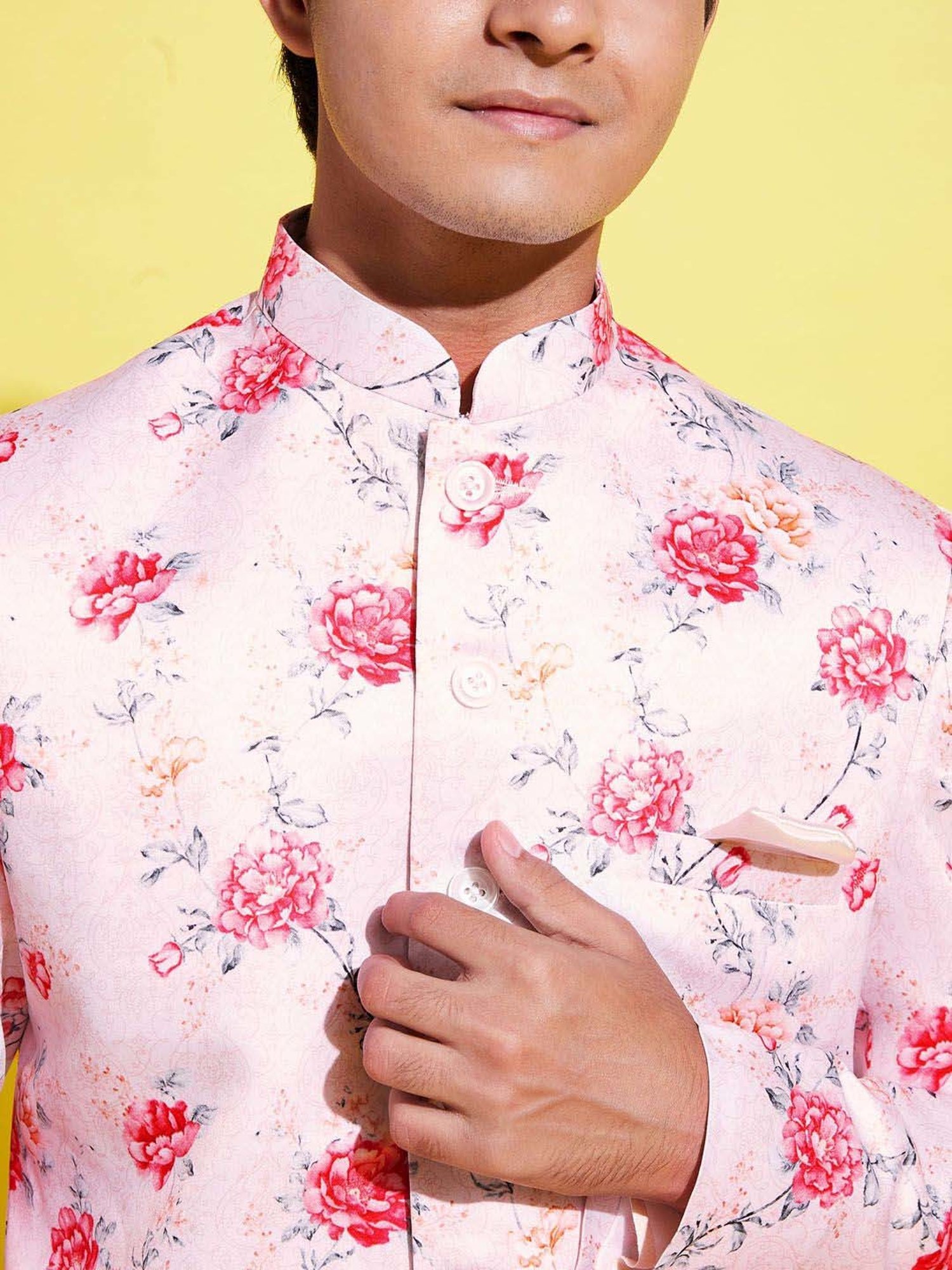 VASTRAMAY Boys Peach & Cream Floral Full Sleeves Kurta Sets