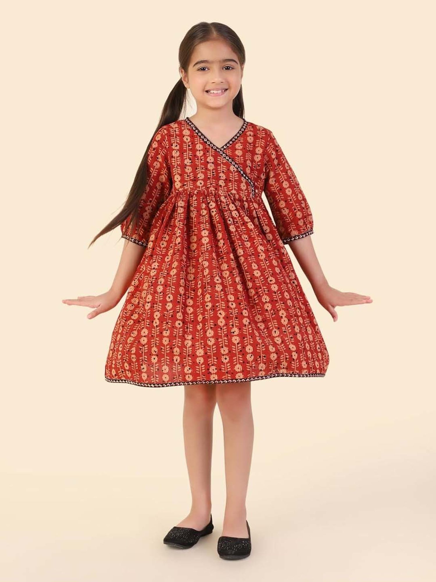 Fabindia Kids Red Cotton Printed Dress