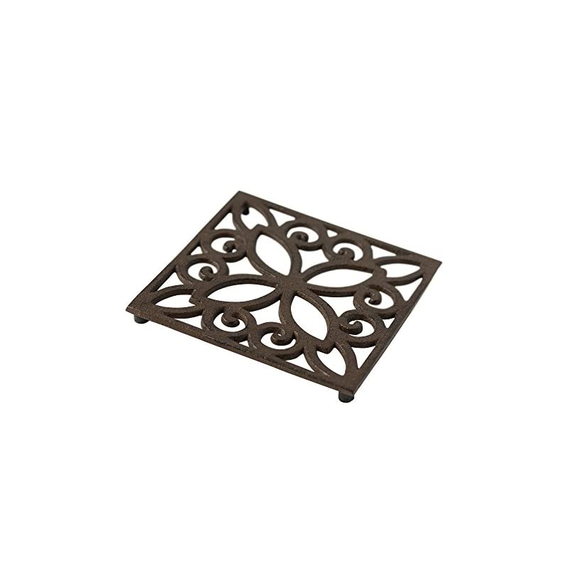Decorative Cast Iron Trivet for Kitchen Or Dining Table | Square with Vintage Pattern - 6.5 x 6.5 | with Rubber Pegs/Feet - Recycled Metal - Vintage, Rustic Design - Rust Brown Color