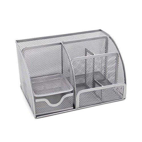 VANRA Office Supply Caddy Metal Mesh Desktop Supplies Organizer School Supply Holder Stuff Storage Organizer 6 Compartments with Drawer (Silver)
