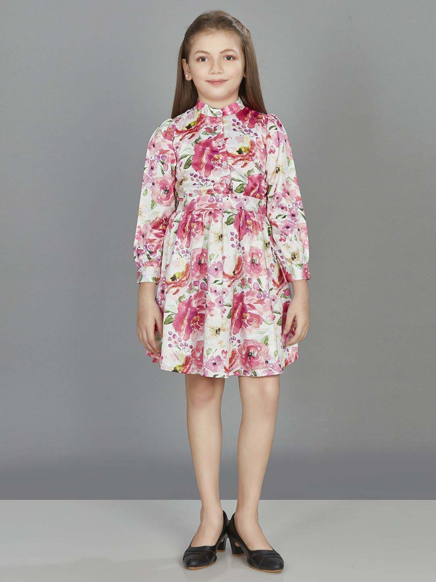 Peppermint Girls Pink Printed Full Sleeves Dress