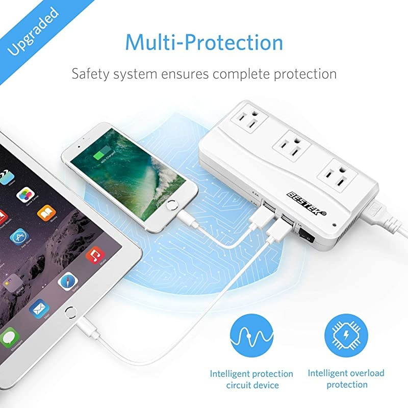 Universal Travel Adapter 220V to 110V Voltage Converter with 6A 4-Port USB Charging and UK/AU/US/EU Worldwide Plug Adapter (White)