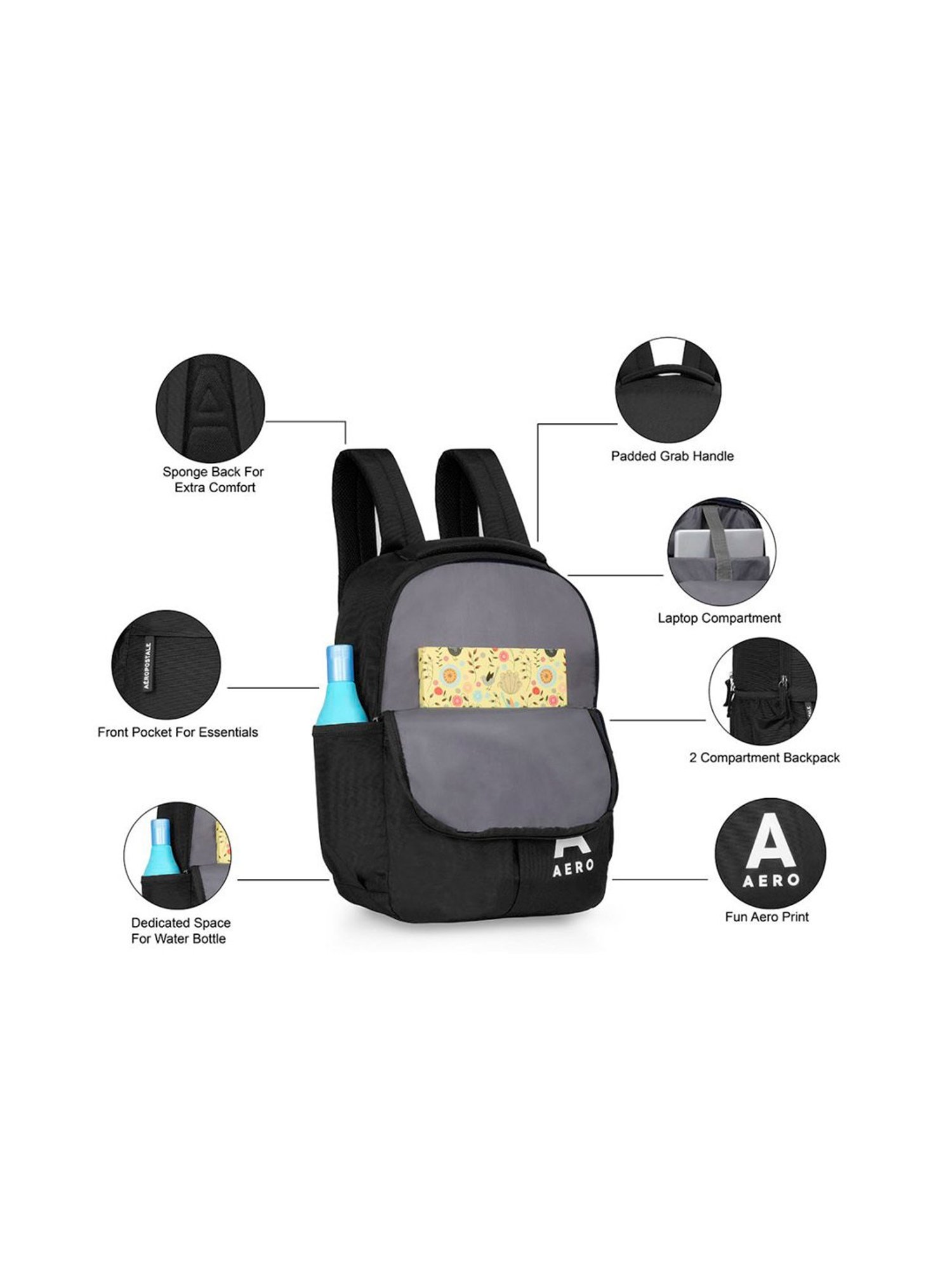 Aeropostale Tucker Black Polyester Solid Laptop Backpack