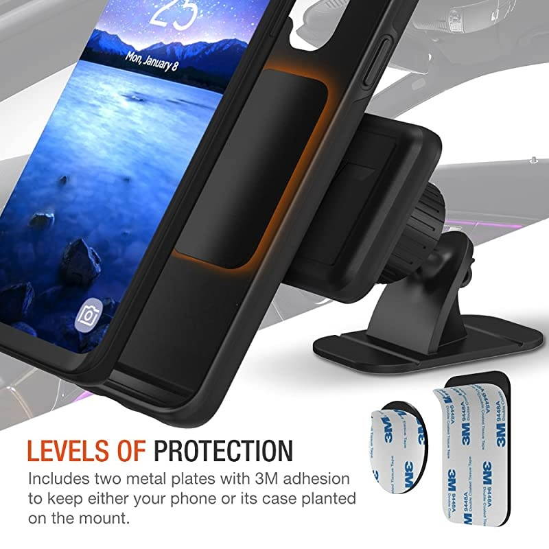 Magnetic Dash Car Mount Phone Holder Desk Stand Compatible with iPhone, Samsung, Huawei, Nokia, LG, Moto Smartphone, Stick-on Dashboard 3M-Adhesive Bendable Base and Metal Plate Included