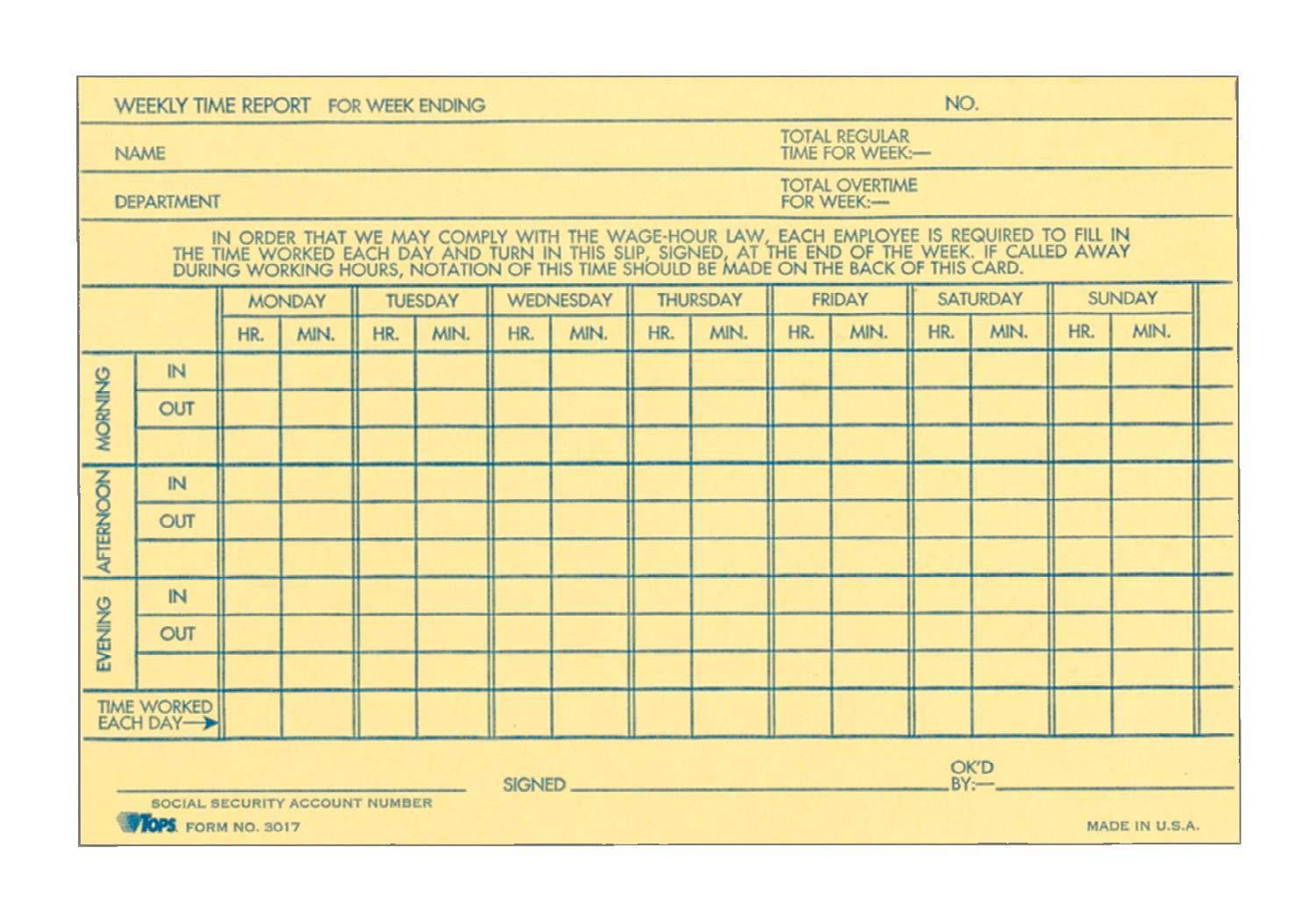 TOPS Weekly Time Report Card, 6 x 4 Inch, Index Bristol Stock, 100-Count, Buff (3017)