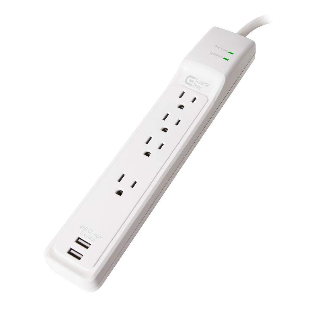 4-Outlet USB Power Strip Surge Protector with 4 ft. Cord, White
