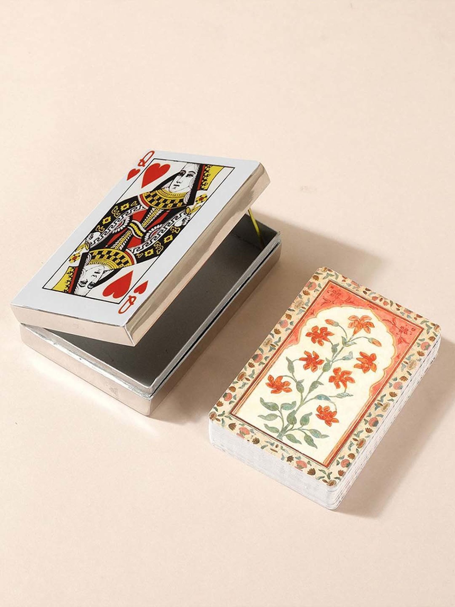 Fabindia Home Vivaram Multicolor Metal Box With Playing Queen Cards - Set of 53