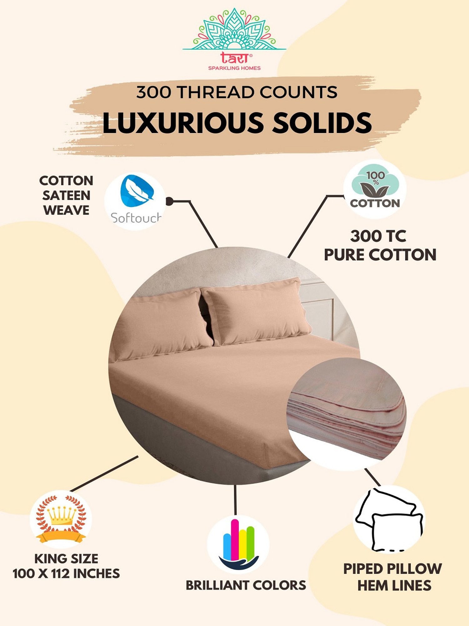 TARA Sparkling Homes Peach 300 TC Cotton King Bedsheet With 2 Pillow Covers