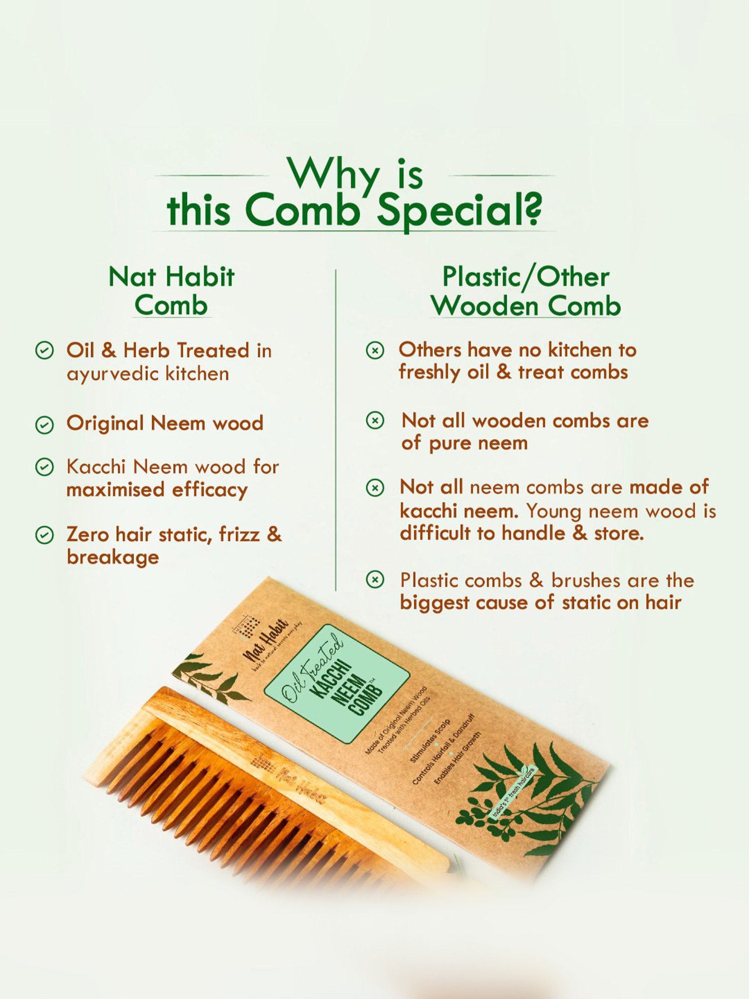 Nat Habit Kacchi Neem Wooden Wide Tooth Comb - Large